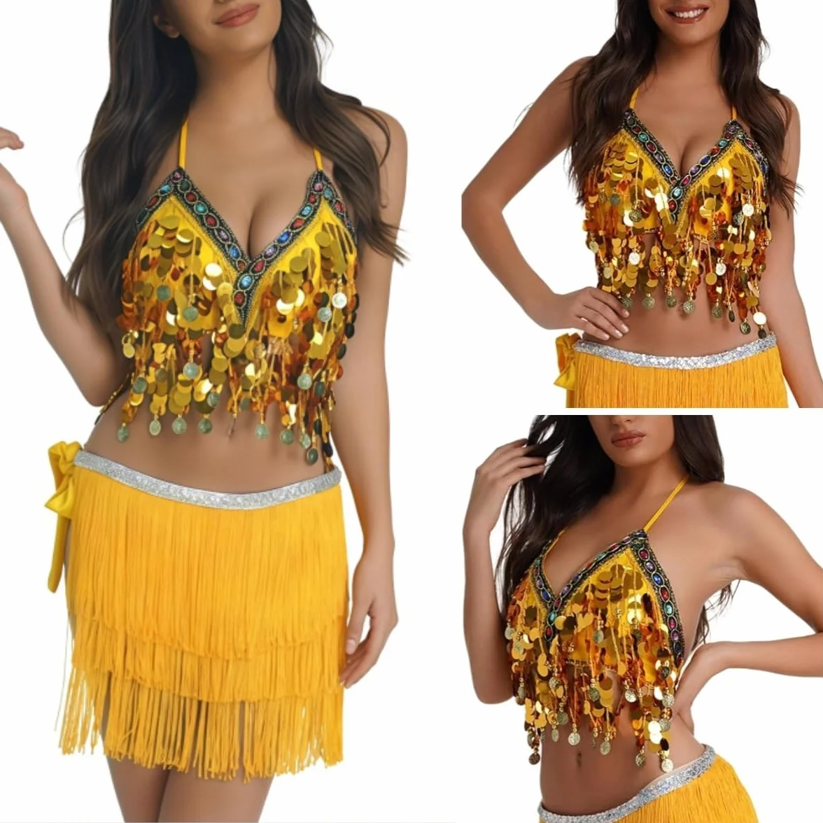 Sujetador con lentejuelas para danza del vientre, top corto brillante cuello halter flecos