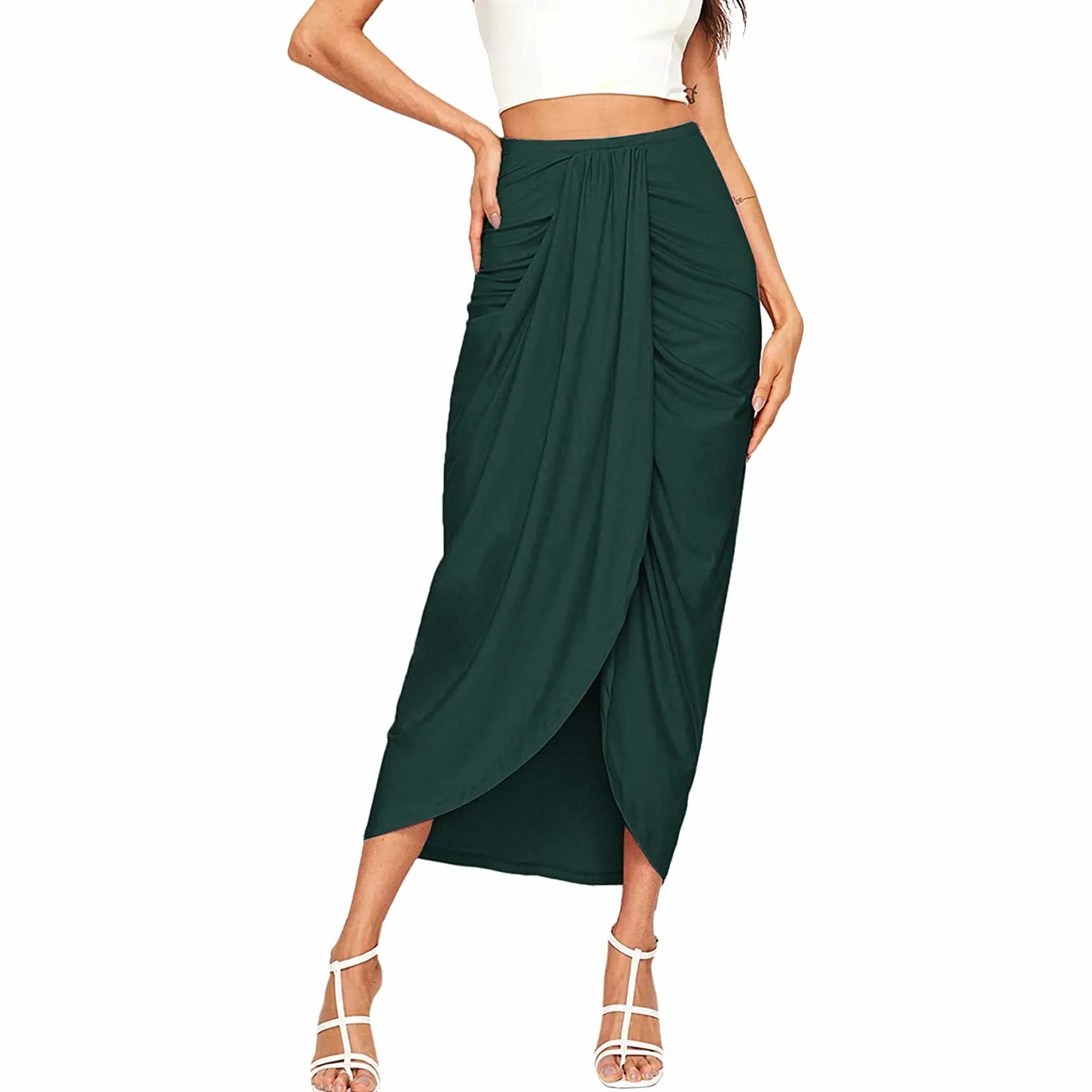 Falda larga de verano para mujer, cruzada hasta la rodilla, midi sexy de cintura alta, monocolor con hendidura, elegante informal