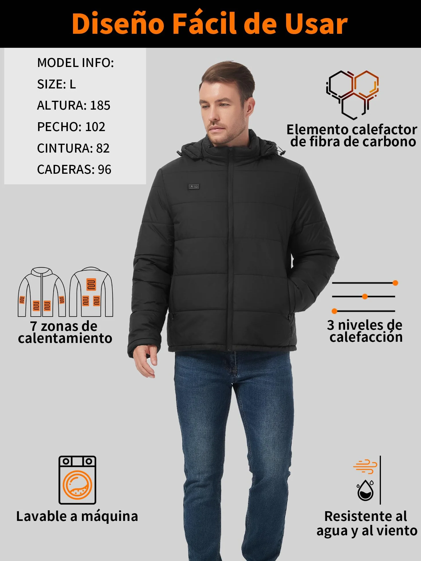 Chaqueta Calefactable 7.4V 16000mAh 7 Zonas de Calor Hombre Mujer con Capucha