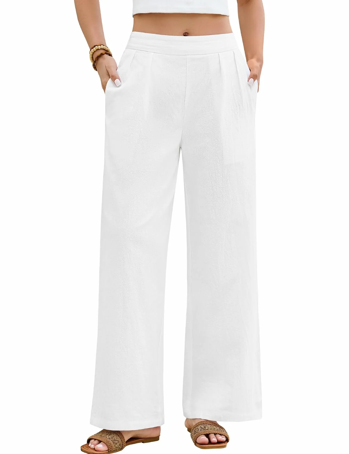 Pantalones Mujer Verano Algodón Ancho Cintura Elástica Cómodo Bolsillos