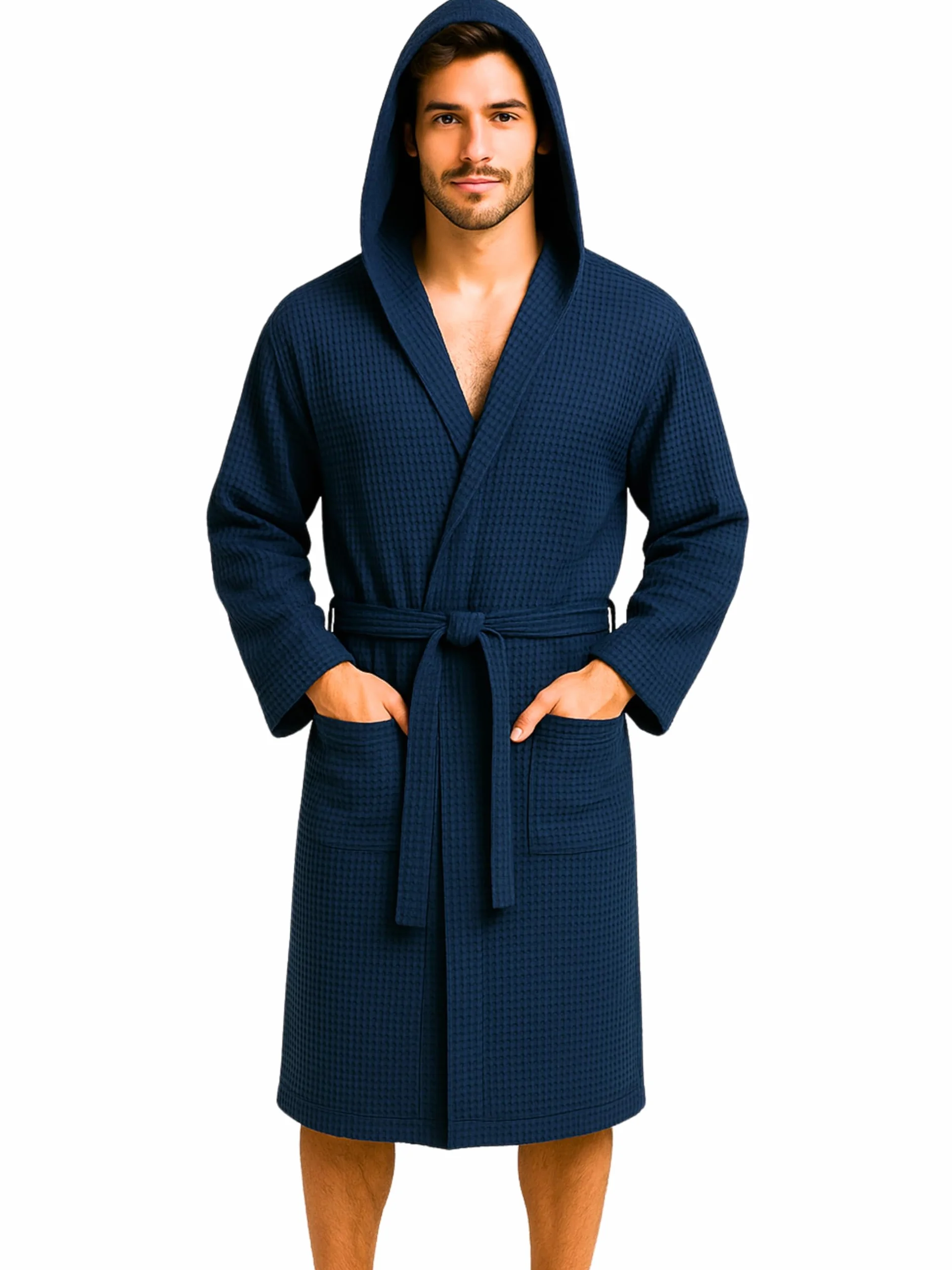 Albornoz nido de abeja para mujer y hombre de algodón con capucha, bolsillos y cinturón, ligero S-XXXL