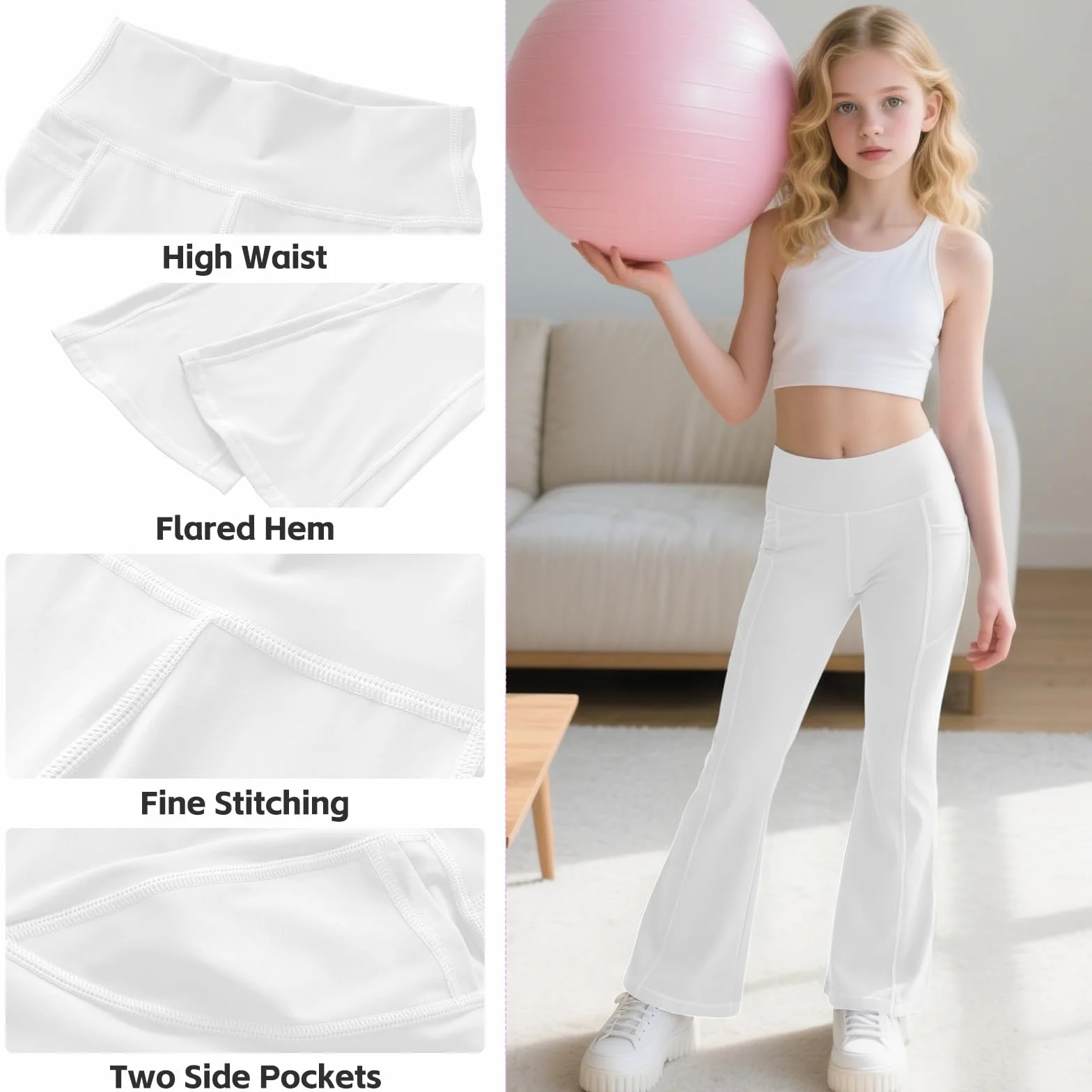 JinBei Leggings Niñas Pantalones Acampanados Cintura Alta Mallas Deportiva Elástica con Bolsillos, 7-15 Años