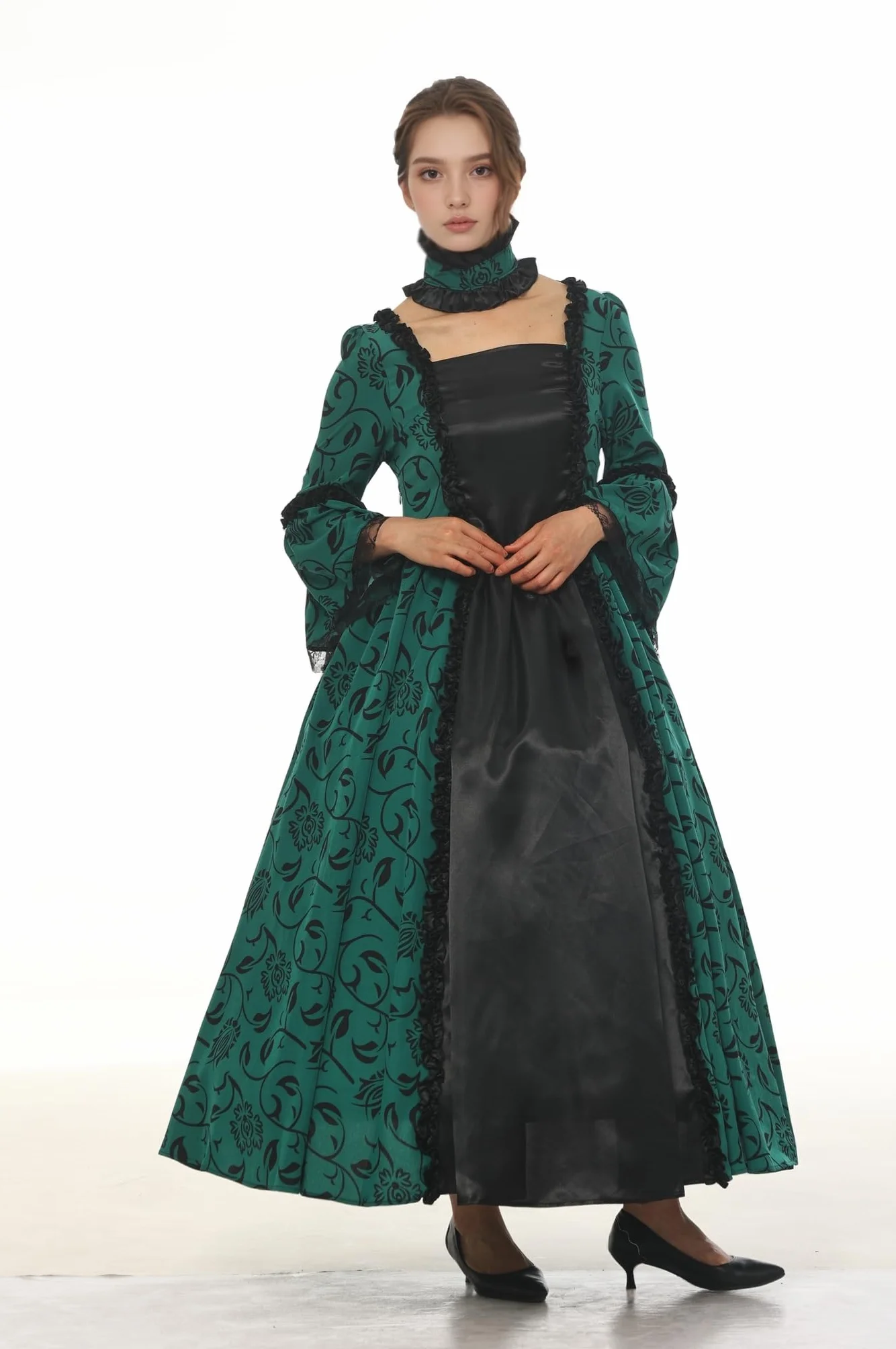 CAMDOM Vestido de Fiesta Victoriano Mujer Retro Medieval Palacio Largo Cuello Cuadrado Satén Elegante Mangas Acampanadas Disfraz Vintage Cosplay