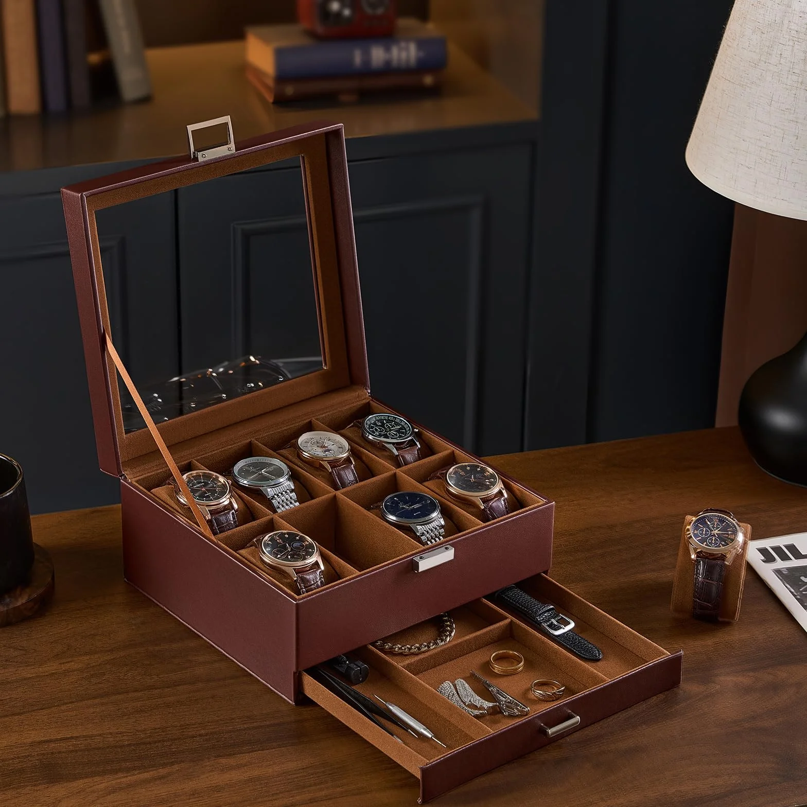 ProCase Estuche para Relojes de Doble Nivel con Tapa de Cristal, Organizador para Relojes, Anillos y Pulseras, Marrón