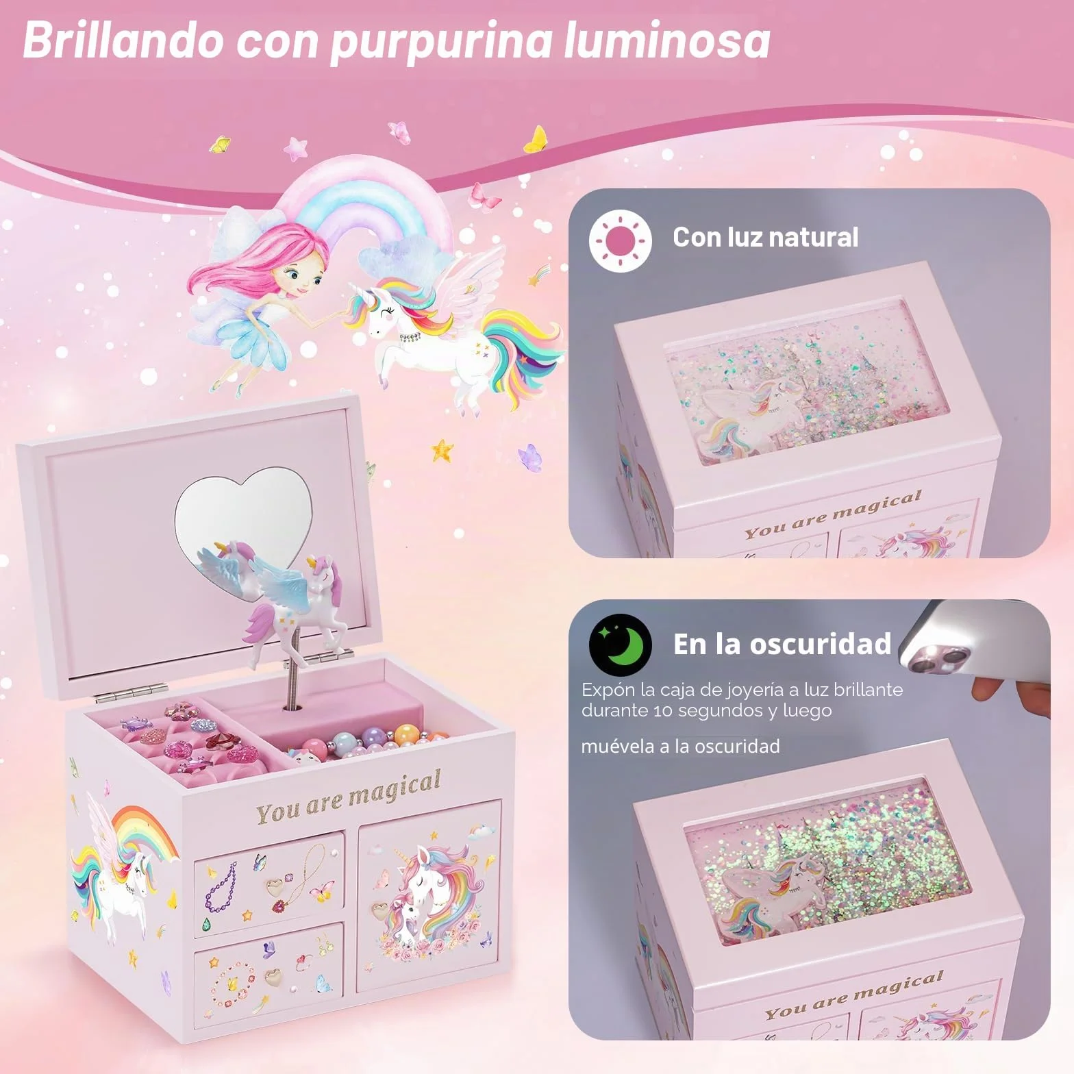 Lolalet Joyero de Madera para Niñas, Organizador de Joyería con Unicornio, Caja para Collar, Pendientes, Pulsera, Reloj, Pintalabios y Anillo - Rosa