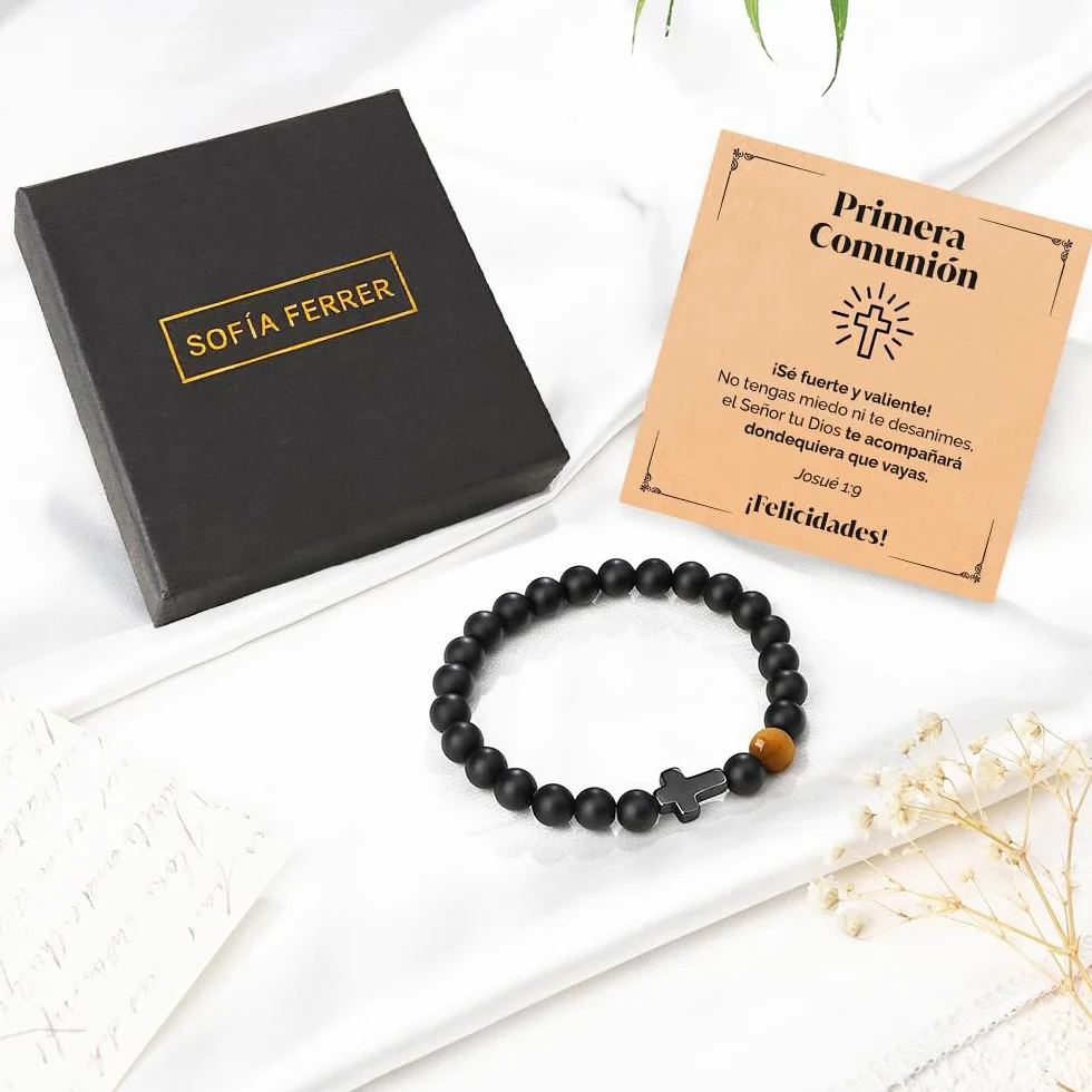 Pulsera Cruz Comunión Niño Piedras Naturales Ajustable Primera Comunión