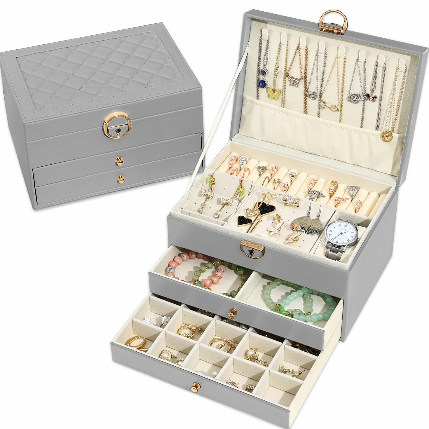 Granbest Joyero de 3 niveles con 2 cajones, caja de joyería de cuero para collares, pulseras, anillos y pendientes (gris)