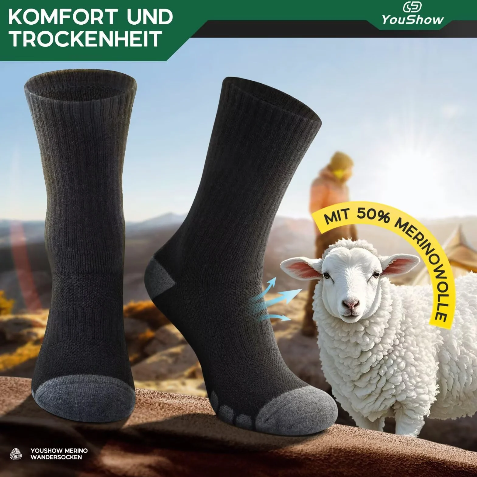 YouShow Calcetines de senderismo Merino 3 pares con acolchado antiburbujas