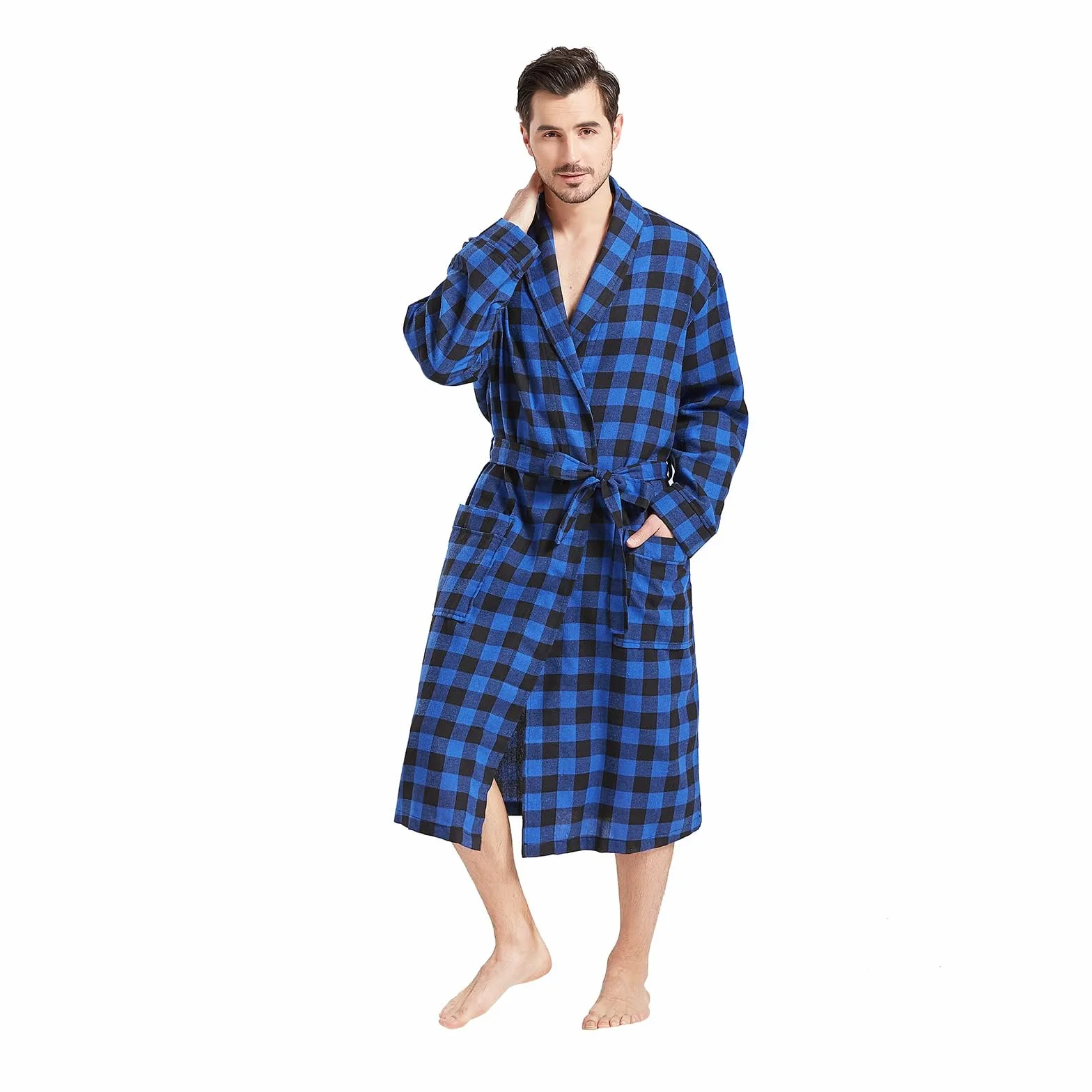 FashGudim Mens Dressing Gowns Lightweight Buffalo Plaid Cotton Robe Shawl Collar Summer Kimono Bathrobe