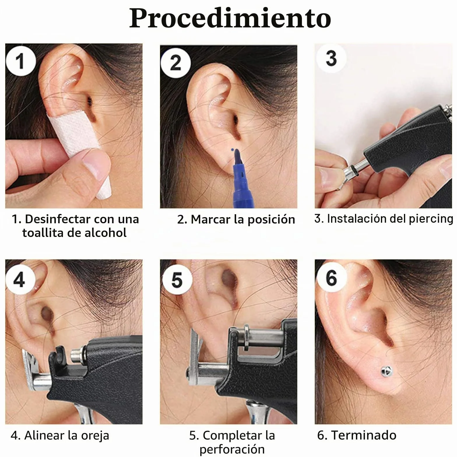 Pistola Perforadora de Orejas con 98 Pendientes y 6 Taladros, Máquina para Poner Pendientes