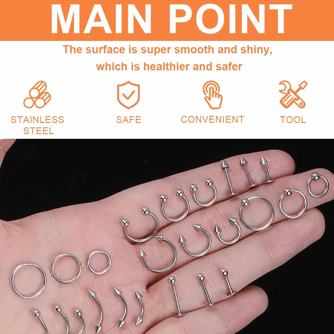 Set de Piercing Nasal Acero Quirúrgico 14 Piezas Pendientes Ceja Tragus Helix Aros Nariz Labio Labret Joya (1.2*8mm) Plateado
