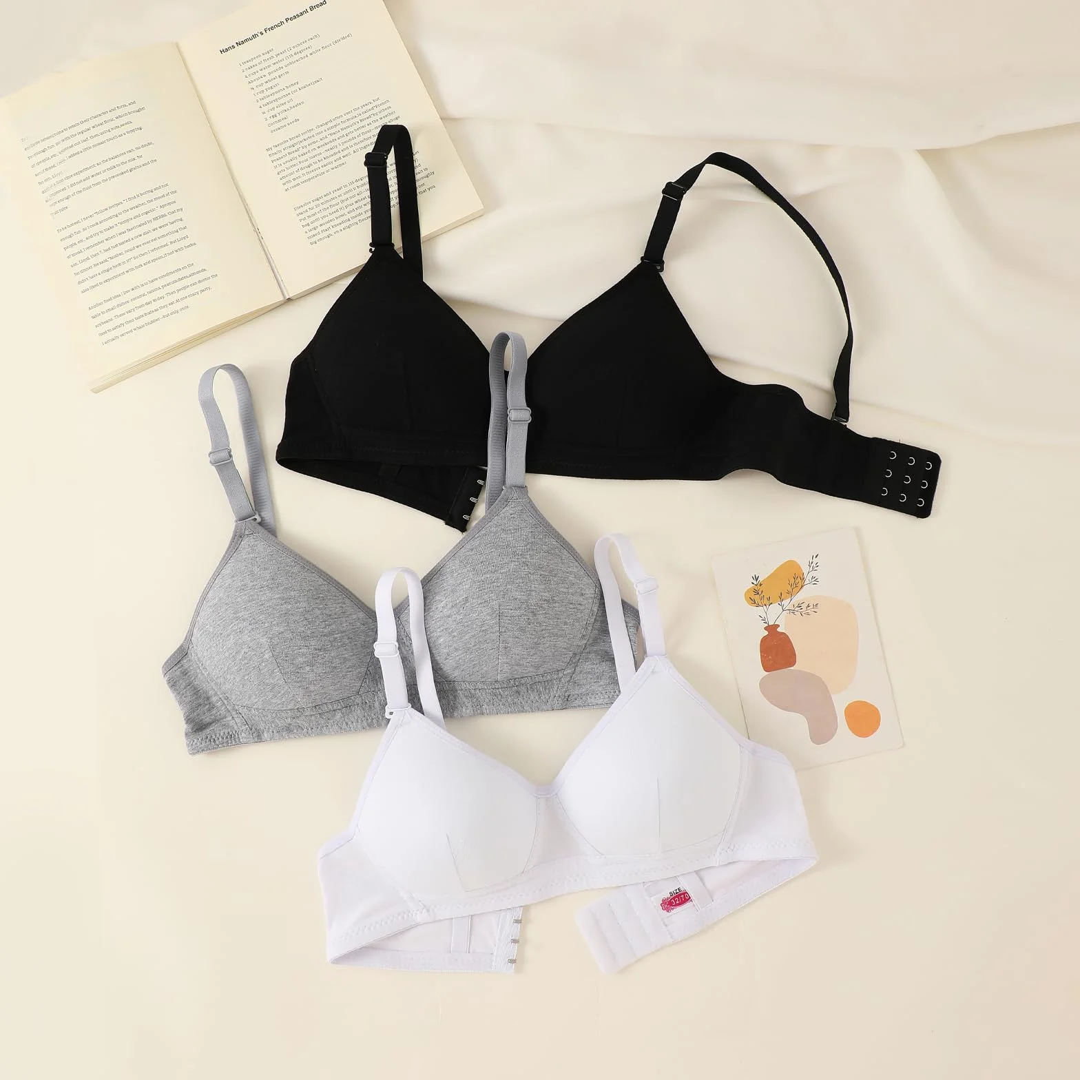 Sujetador Deportivo de Algodón para Niña Adolescente con Correa Ajustable Desmontable Bralette, Paquete de 3, A-Cup