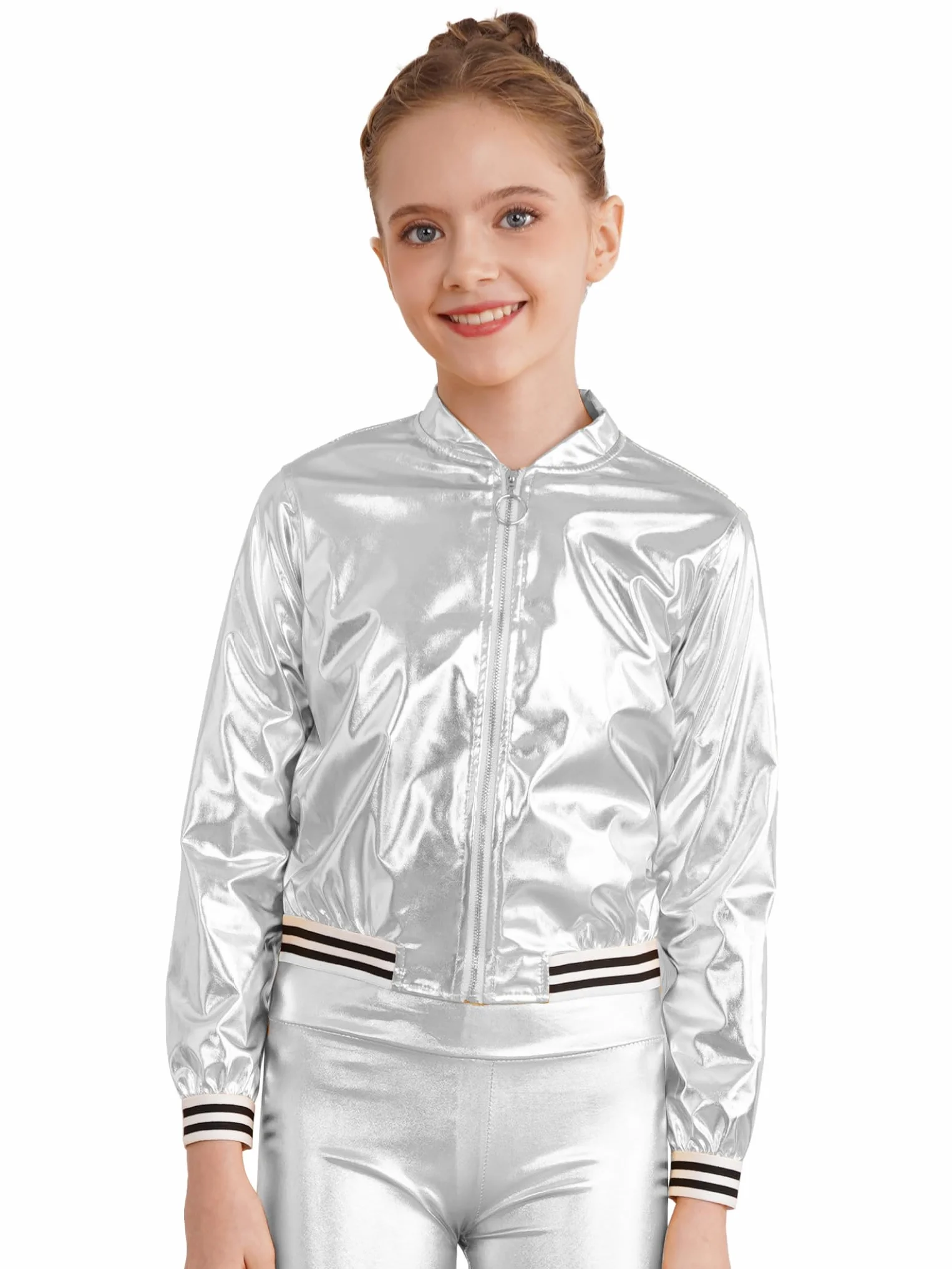 Traje deportivo metálico niña manga larga pantalón holográfico años 70 80