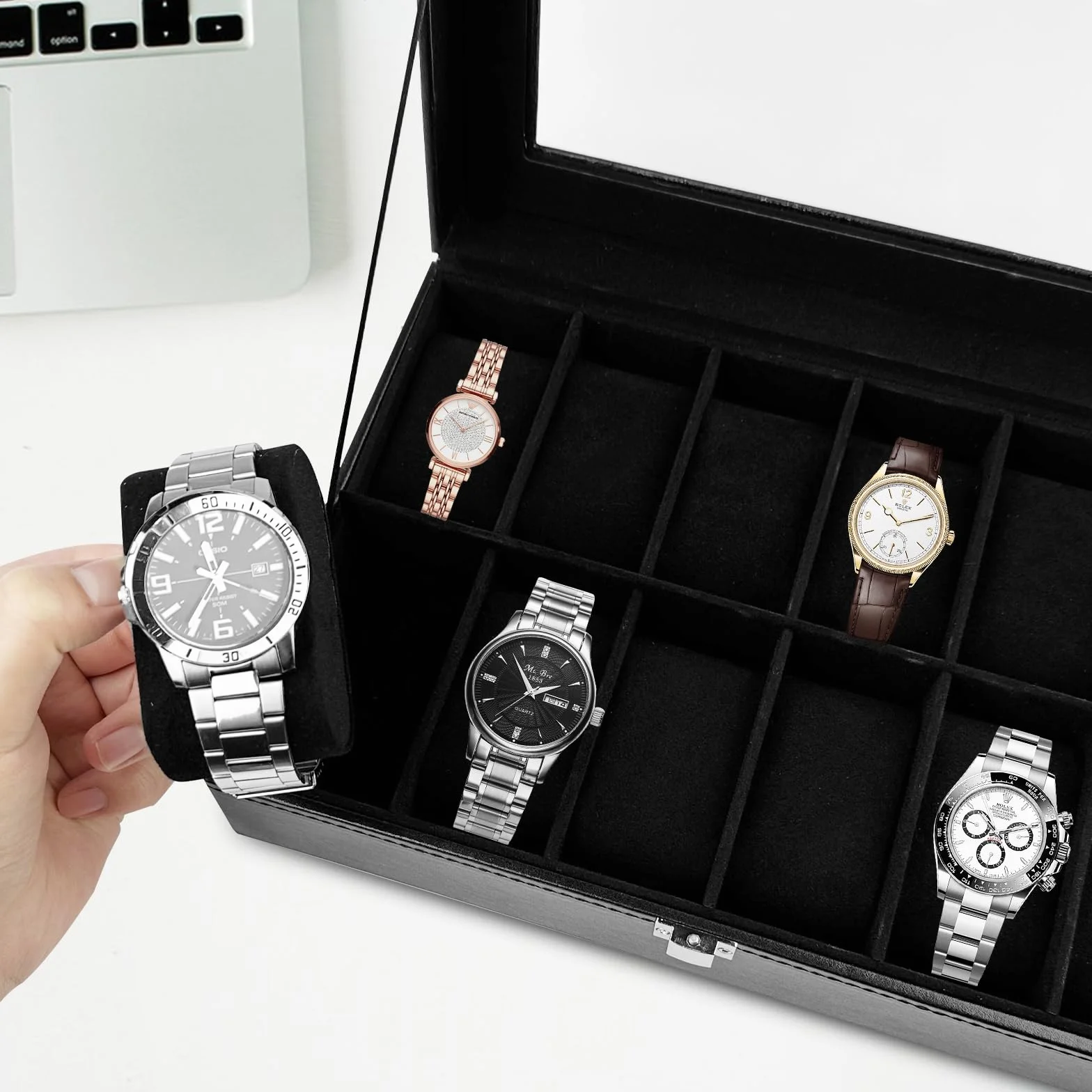 Caja de Relojes con 12 Compartimentos, Soporte de Exhibición con Tapa de Cristal, Almohadilla Extraíble