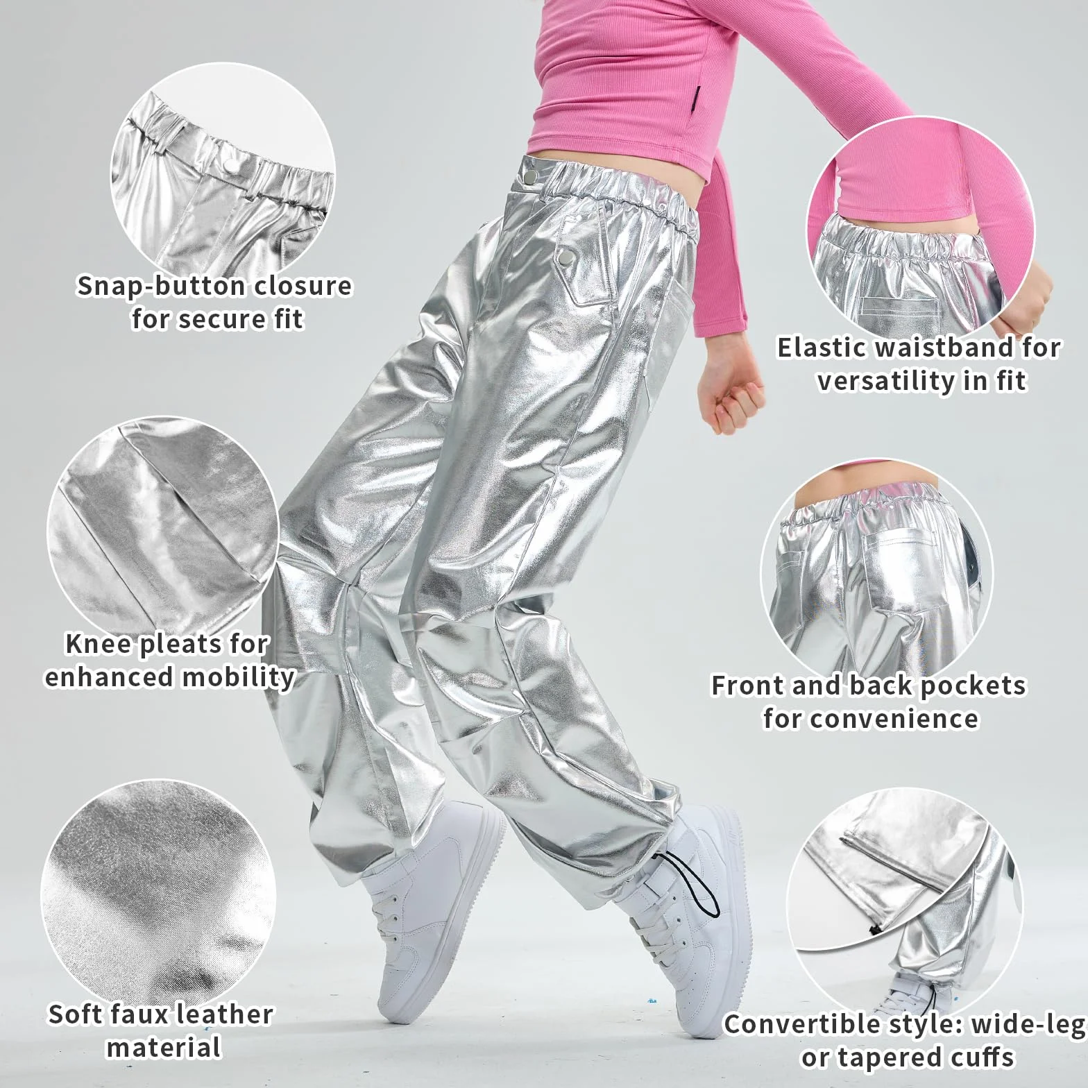LOLANTA Pantalones de Cuero Metálico Brillante Traje de Baile Hip Hop Retro Cintura Elástica para Niños 6-13 años