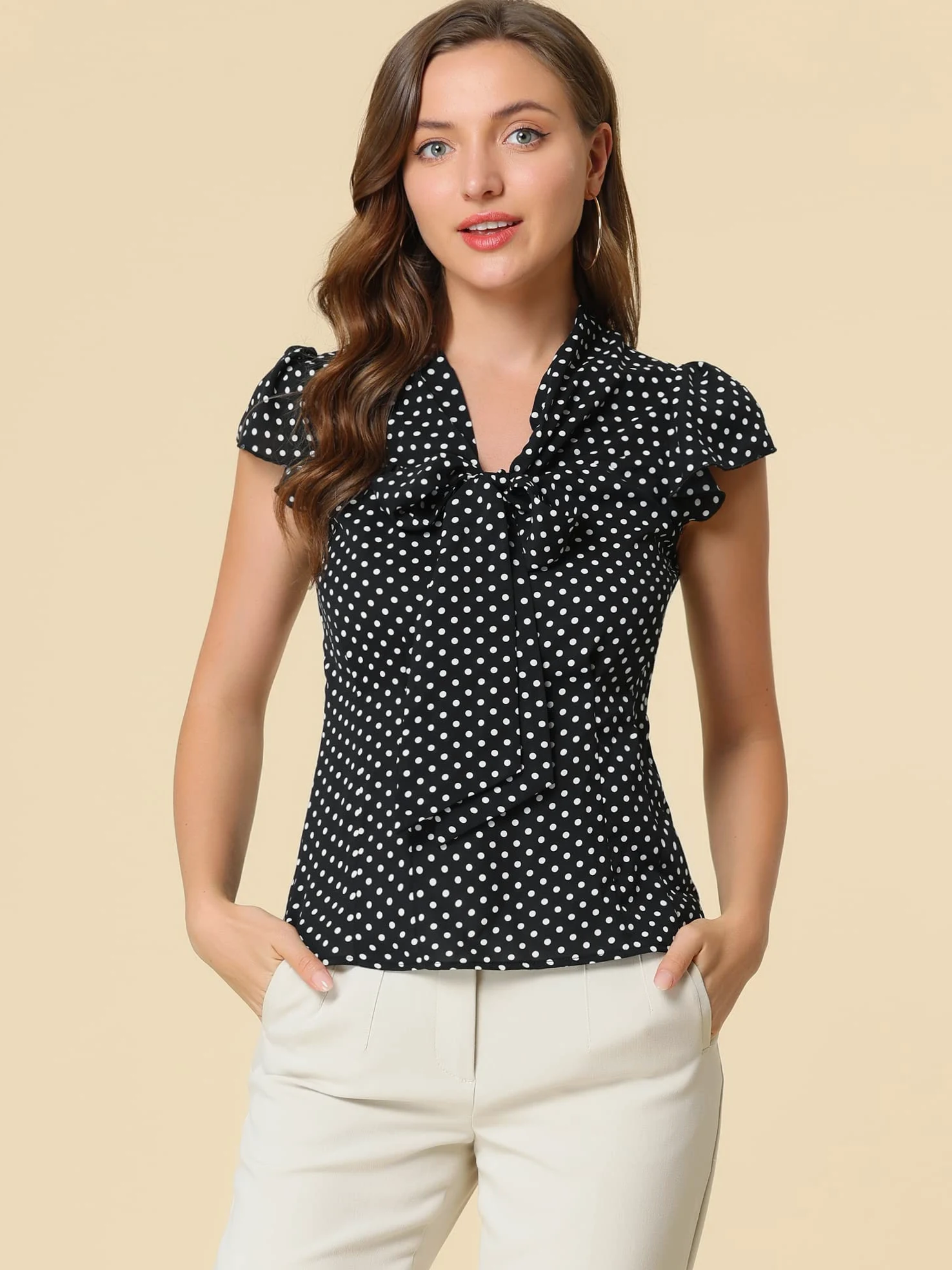 Allegra K Camisa con Lunares para Mujer, Blusa con Cuello de Lazo Y Manga con Volantes