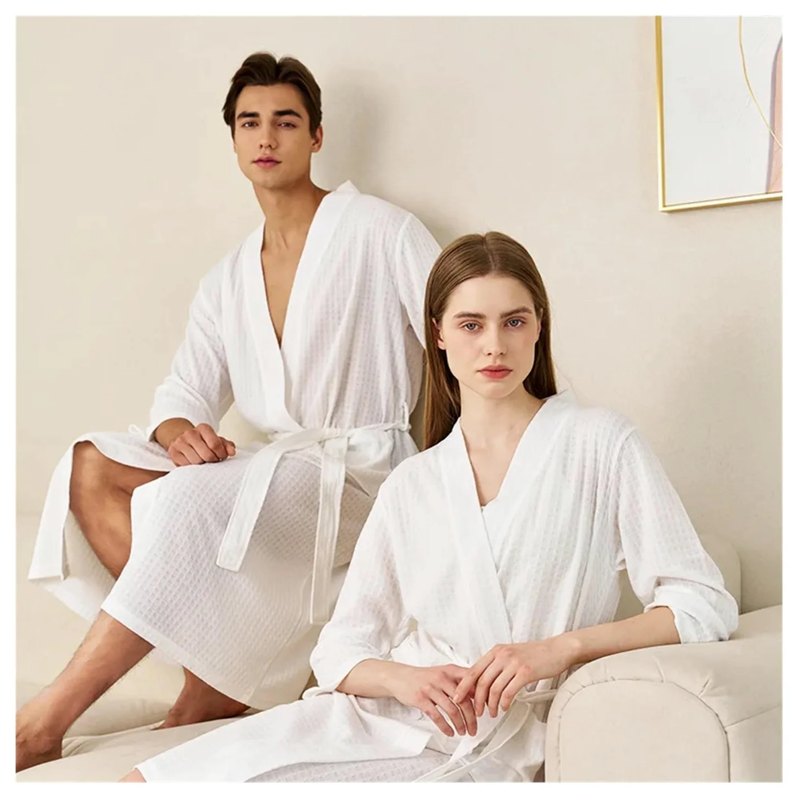 Albornoz Mujer Rizo Albornoz de verano fino y absorbente con diseño gofre for mujer hombre, camisón sencillo longitud media for, toalla baño transpirable