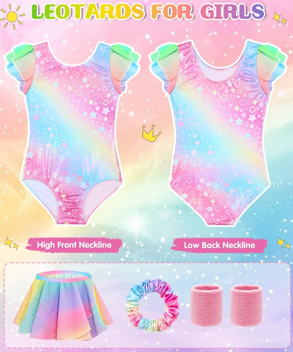 Maillot Gimnasia Rítmica Niña Conjunto 5 Piezas Sin Mangas Falda Cinta Cabello Muñequeras Ballet 4-9 Años