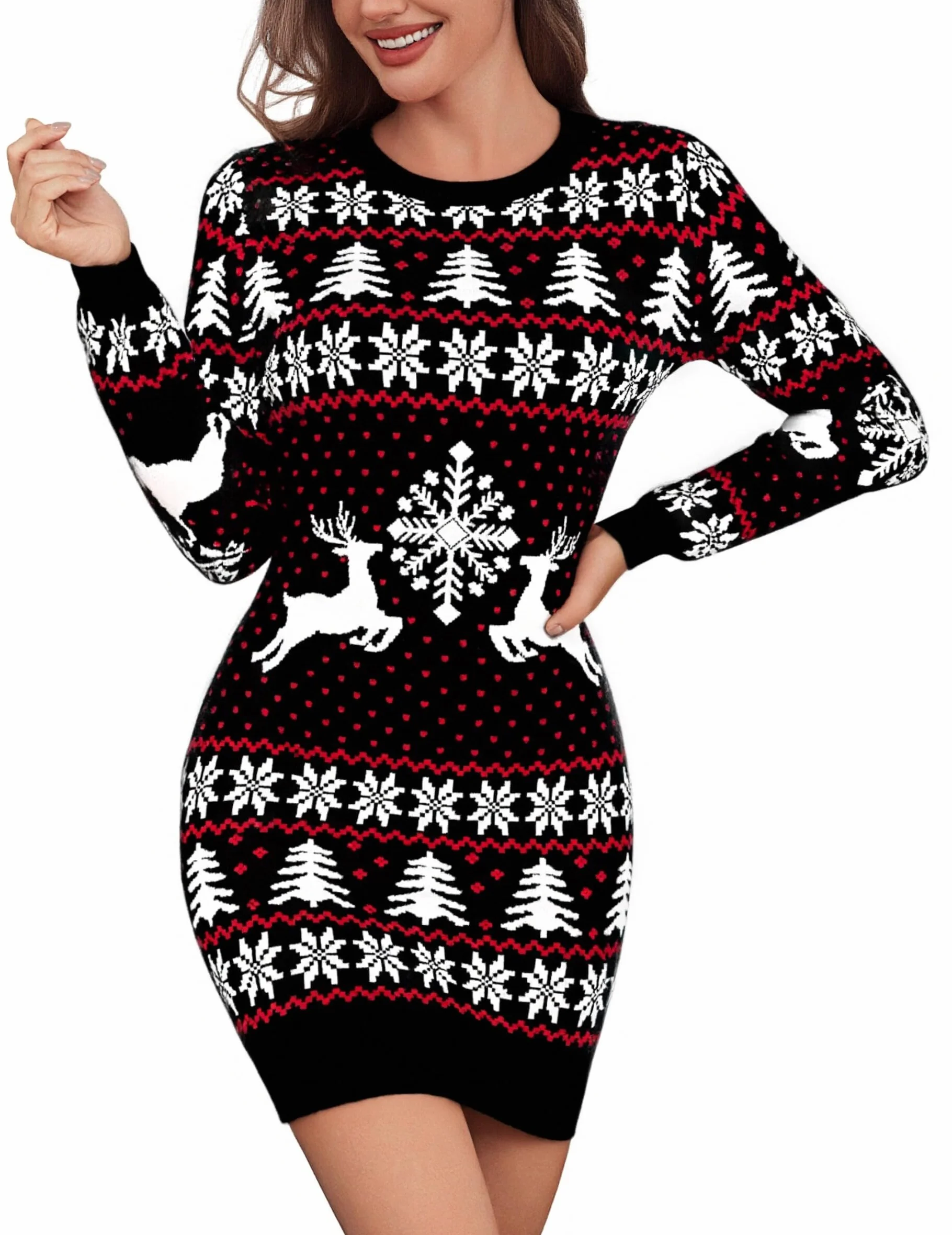 Vestido Navidad Mujer Suéter Largo con Renos y Copos de Nieve Jersey Navideño S-XXL