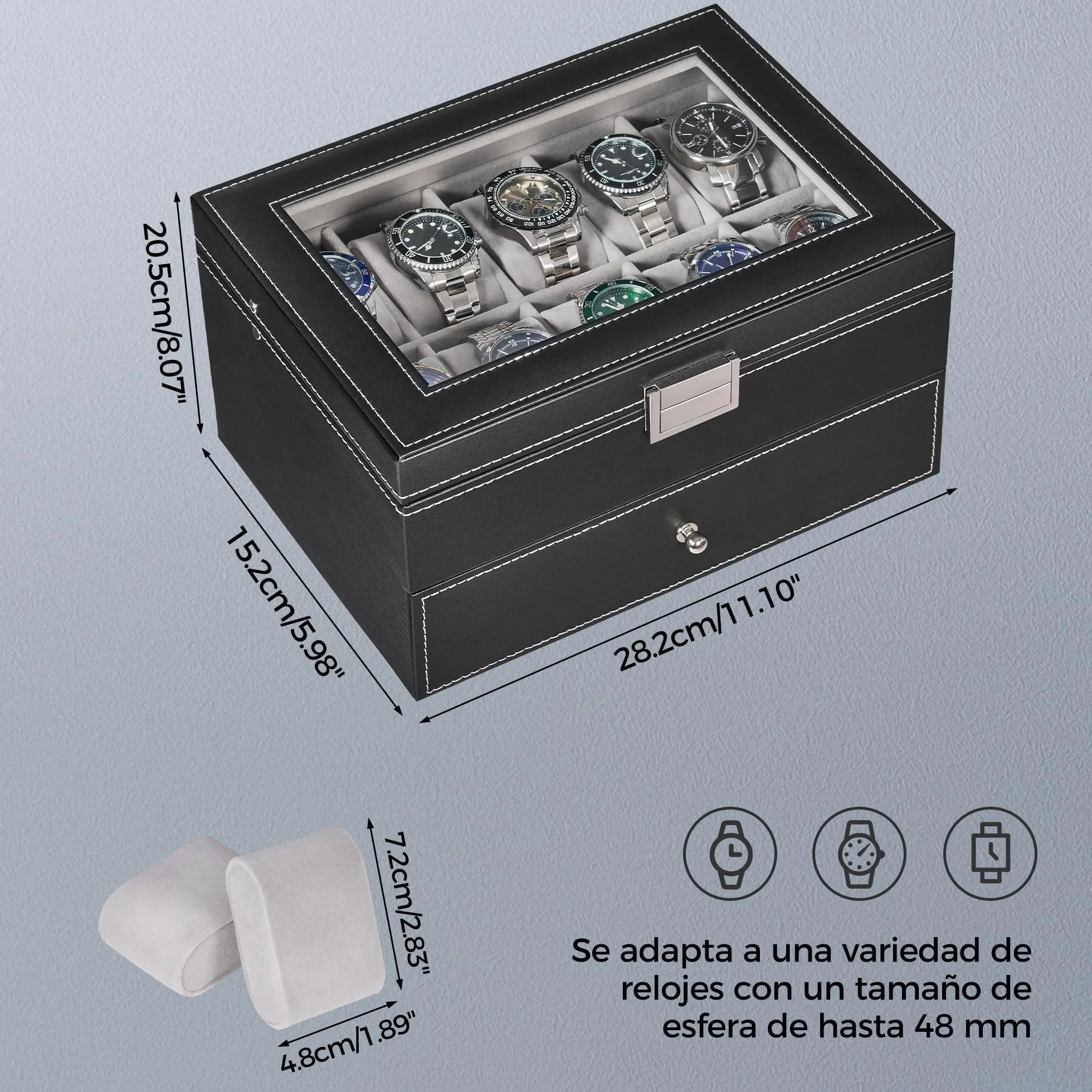 BEWISHOME Caja de Relojes 20 Compartimentos Estuche Tapa Cristal Negro ESSH04B