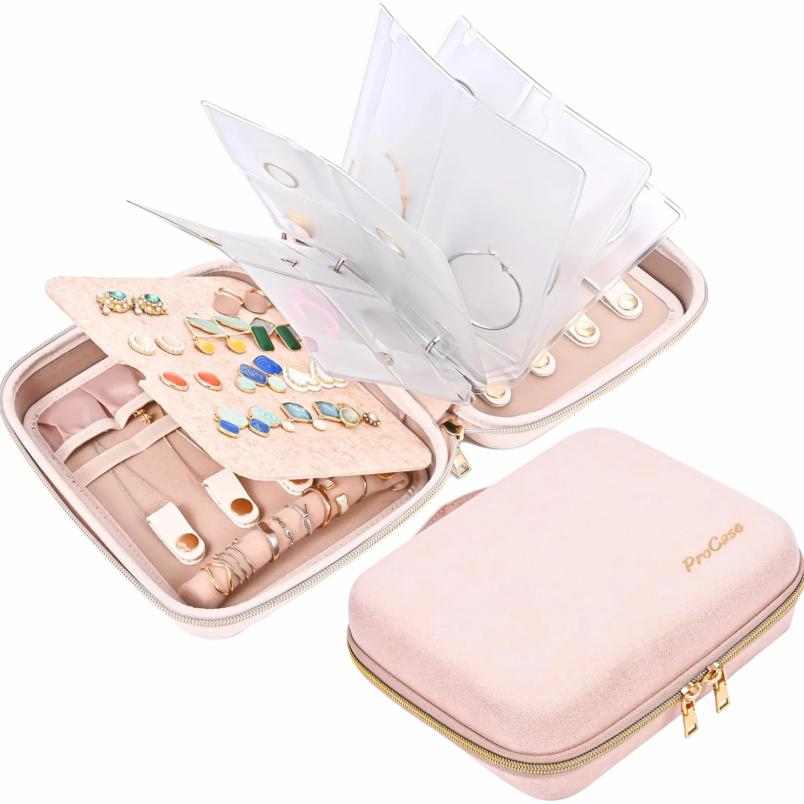 ProCase Estuche Organizador de Joyas Viaje, Joyero Portátil Cremallera Rosa Mediano