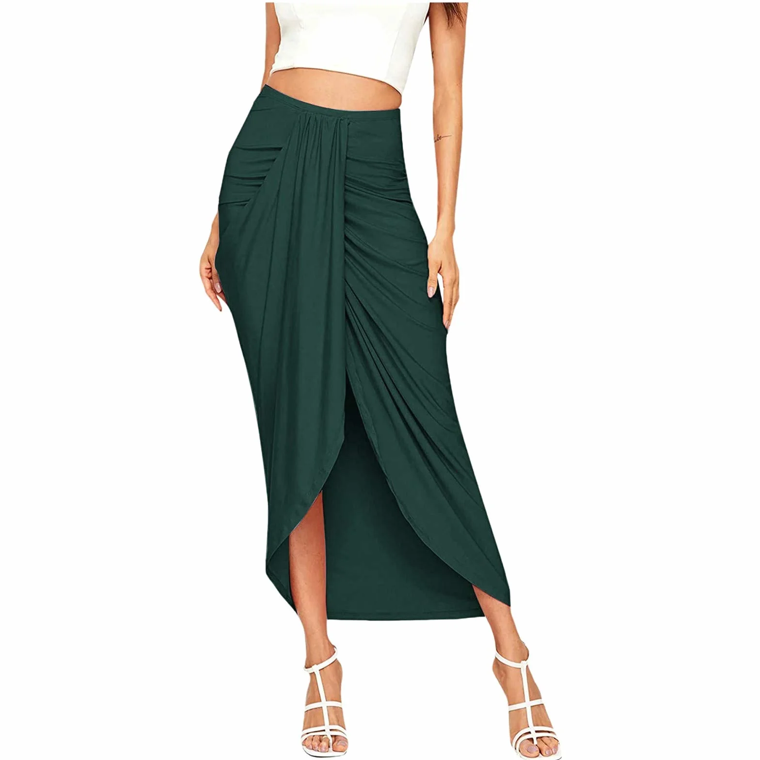 Falda larga de verano para mujer, cruzada hasta la rodilla, midi sexy de cintura alta, monocolor con hendidura, elegante informal