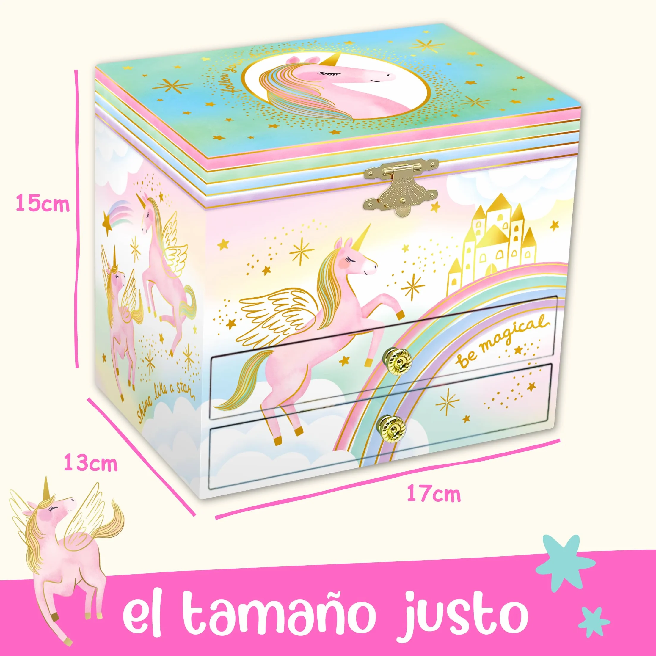 Giggle & Honey Joyero Musical Grande de Unicornio con Dos Cajones para Niñas - Caja de Música Infantil con Espejo