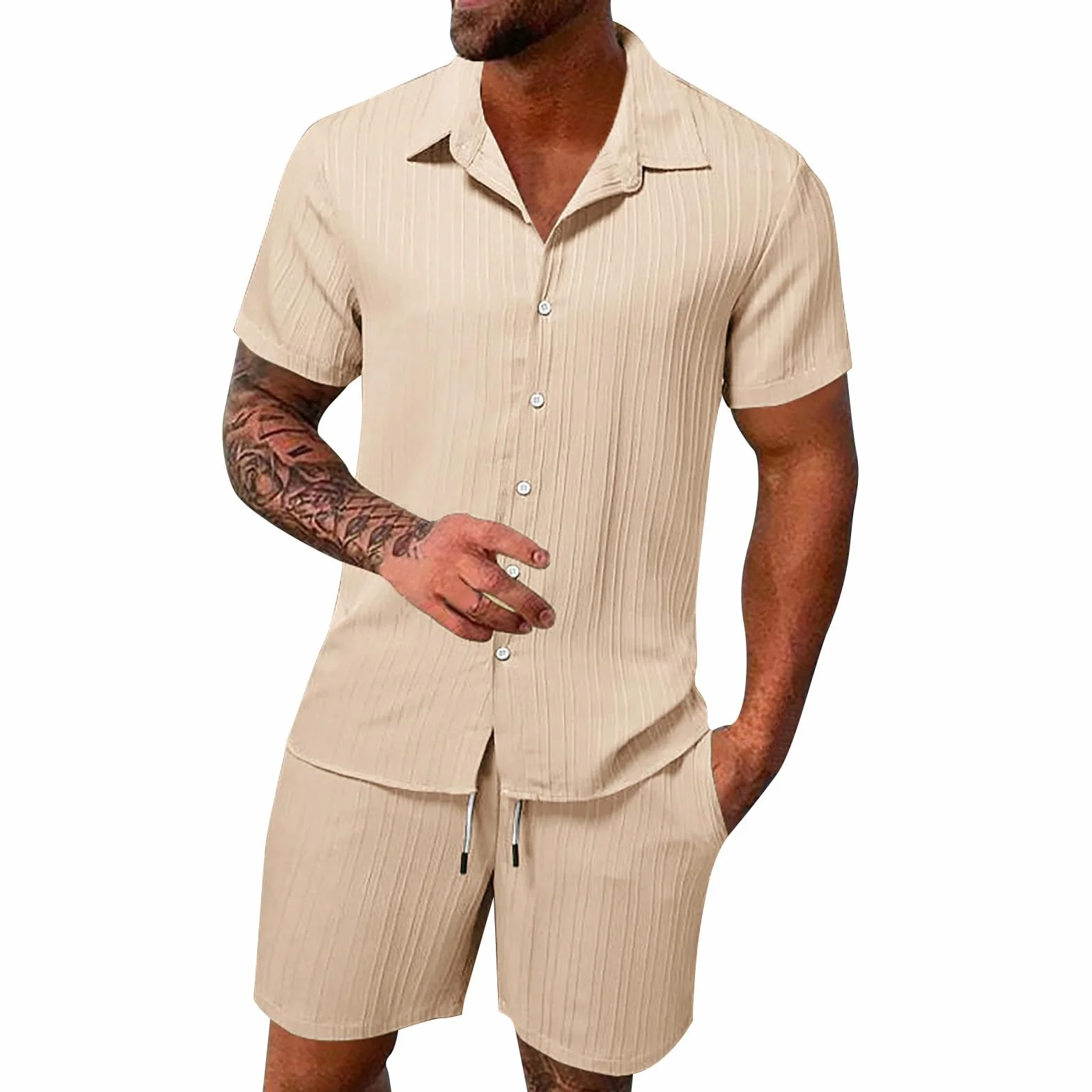 Conjunto de 2 Piezas Hombre Verano Playa Lino Camisa Manga Corta y Pantalones Cortos Casual Transpirable