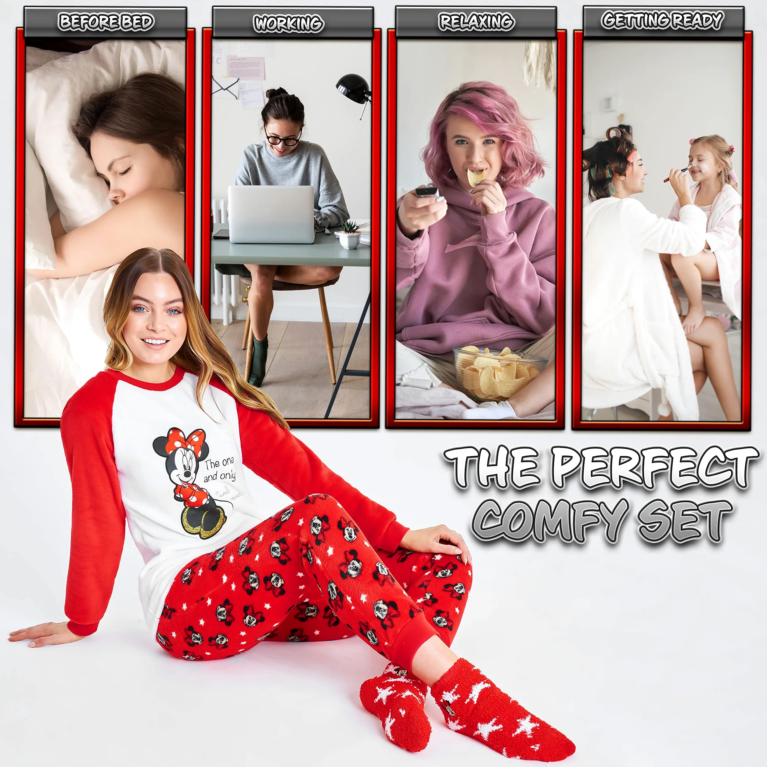 Disney Pijama Mujer Invierno de Polar con Calcetines Stitch Mickey Minnie Baby Yoda (Blanco/Rojo Minnie, L), 8691