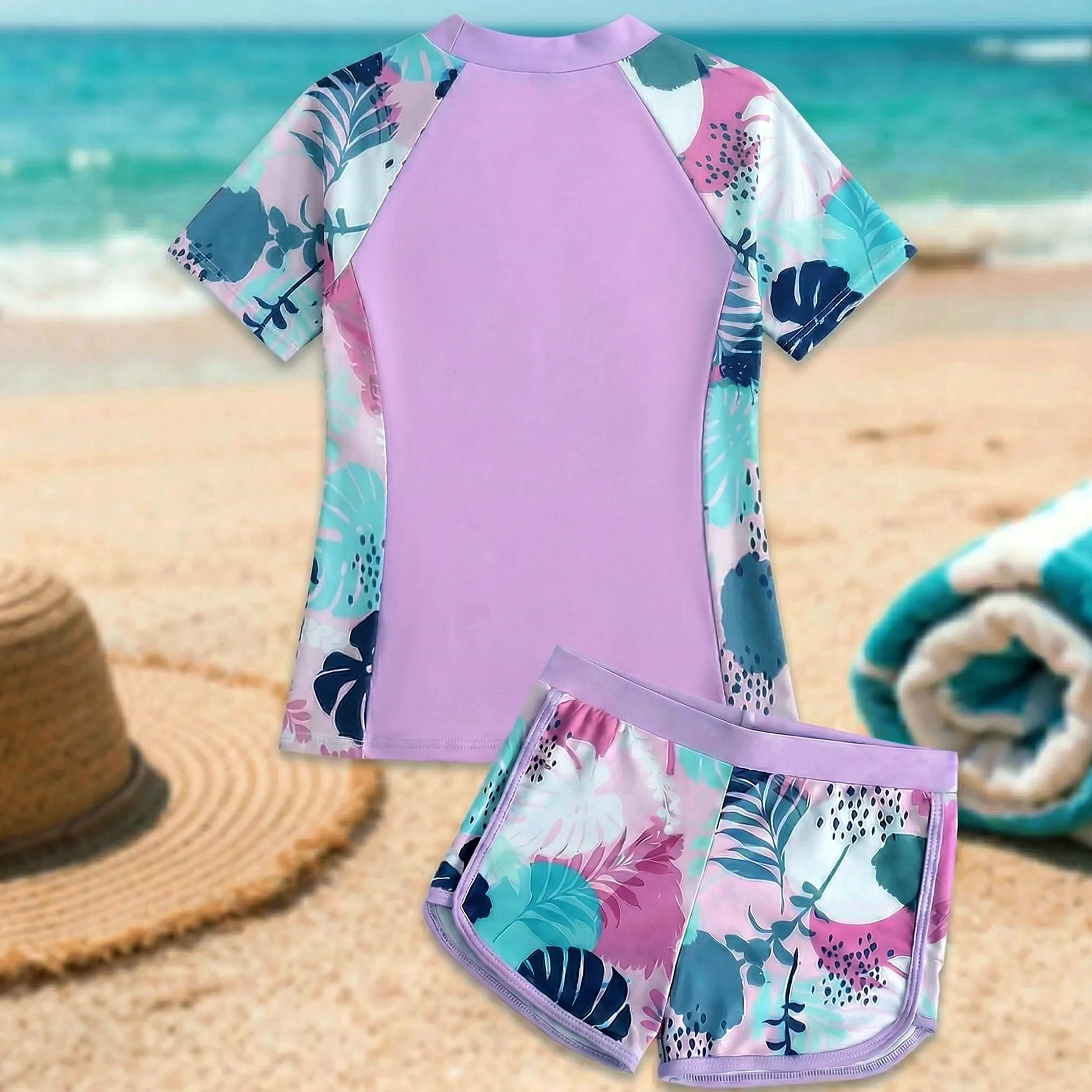 Niñas Traje de Baño 2 Piezas Manga Corta Protección Solar, Secado Rápido Estampado Top con Cremallera y Shorts, Elástico Rash Guard Playa Piscina Bañador Ropa para 5-14 Años