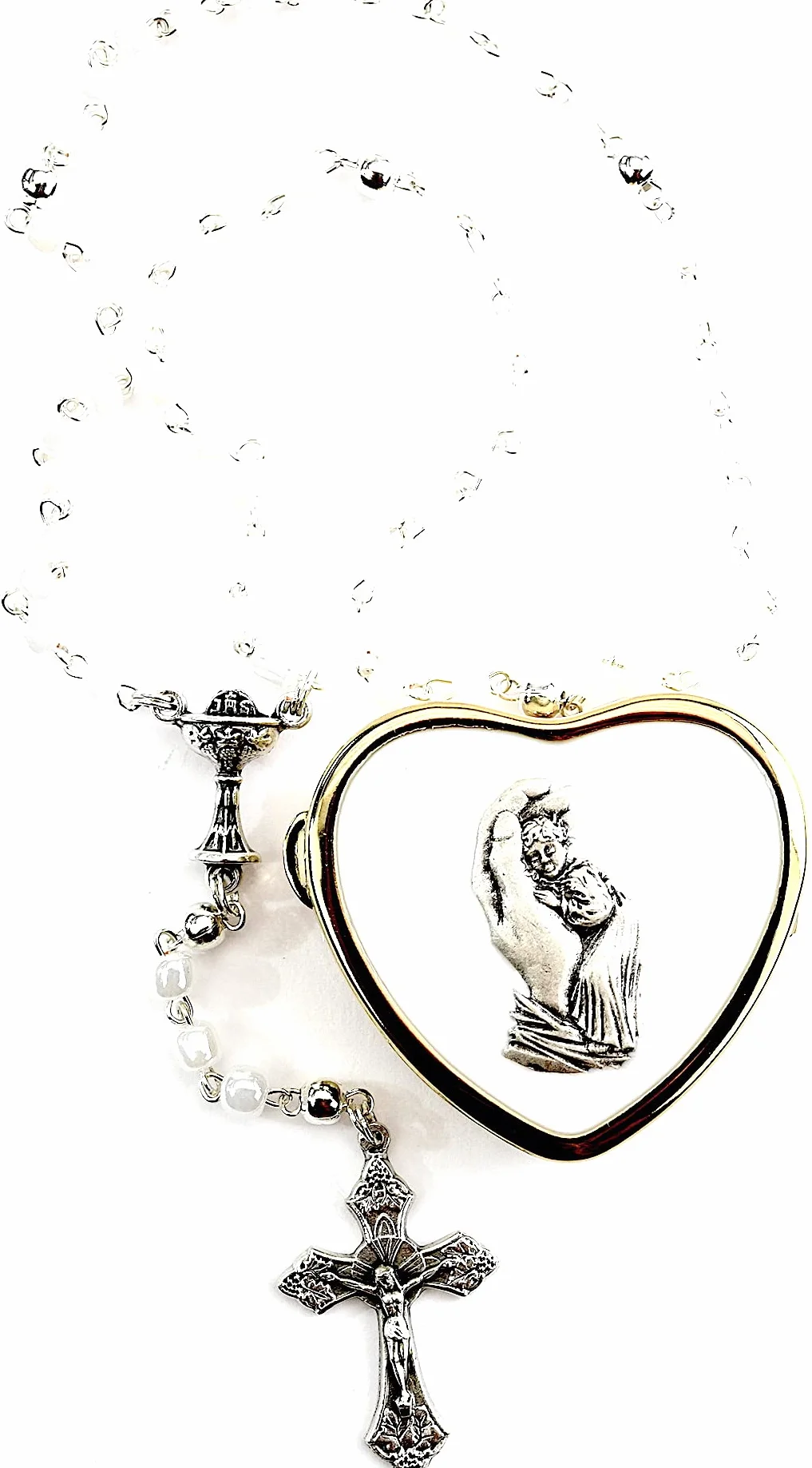 MaMeMi Rosario Comunión Infantil Perlas Blancas Cruz Cáliz Plateado Estuche Corazón Dorado Ángel Regalo Primera Comunión