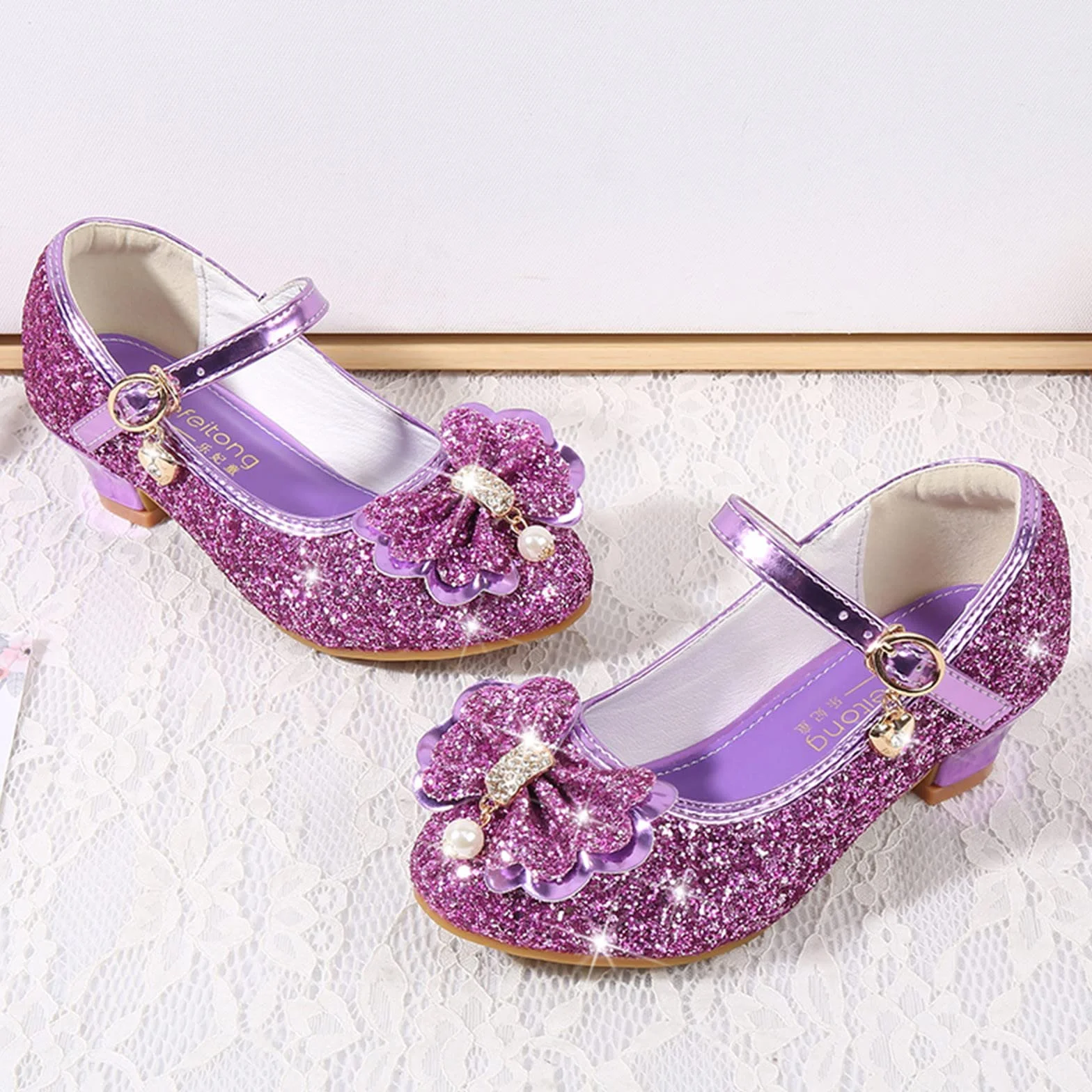 Zapatos de noche purpurina pedrería princesa lazo Mary Jane tacón grueso para niños niñas
