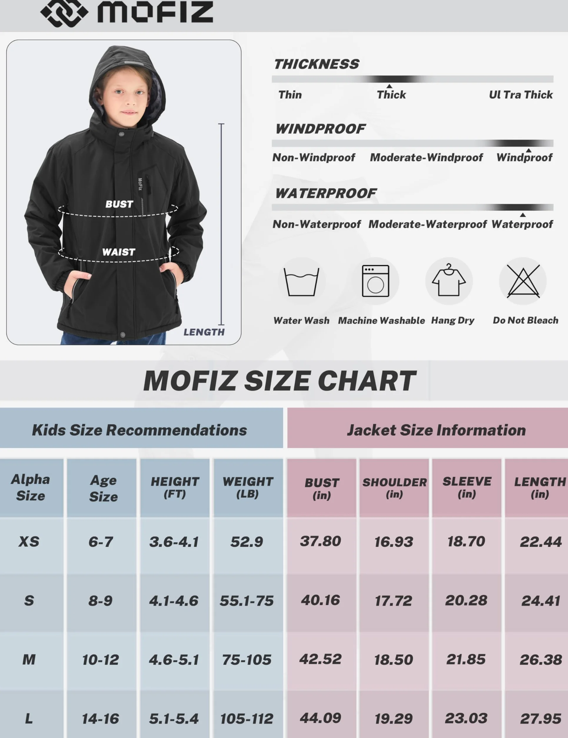 MoFiz Chaquetas de Esquí para Niño Invierno Impermeable Antiviento Capucha Desmontable 6-16 Años