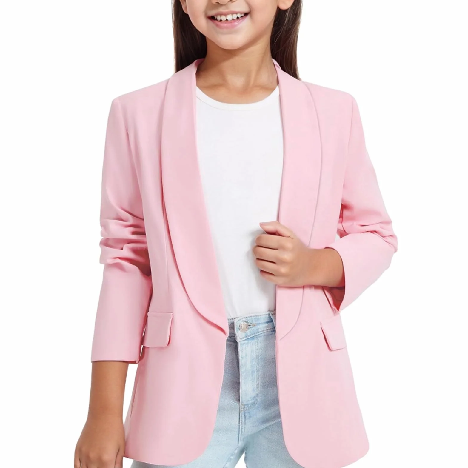 Niña chaqueta formal manga larga cuello chal frente abierto bolsillo interior para niños festivo