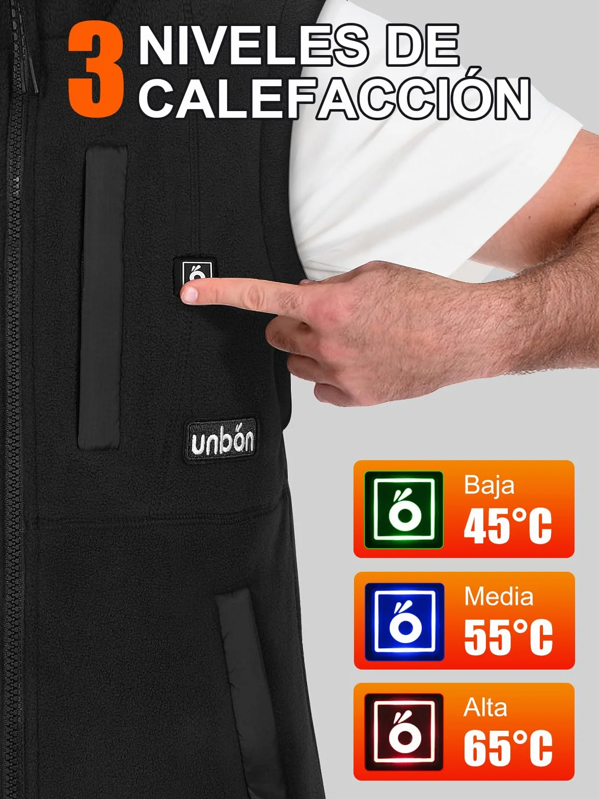 UNBON Chaleco Calefactable Hombre Batería USB 10000mAh 3 Temperaturas 6 Zonas Calefactables