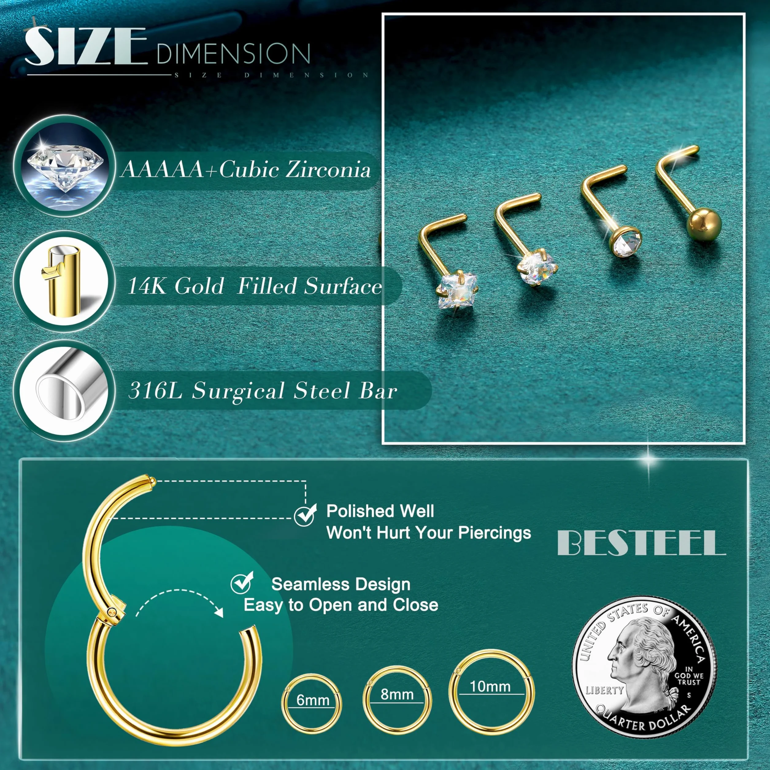 FIOROYAL 20G Piercing Nariz Oro Plata L Forma Espiral Acero Quirurgico 18G Clicker Aro 6/8/10mm Helix Nostril Pendientes