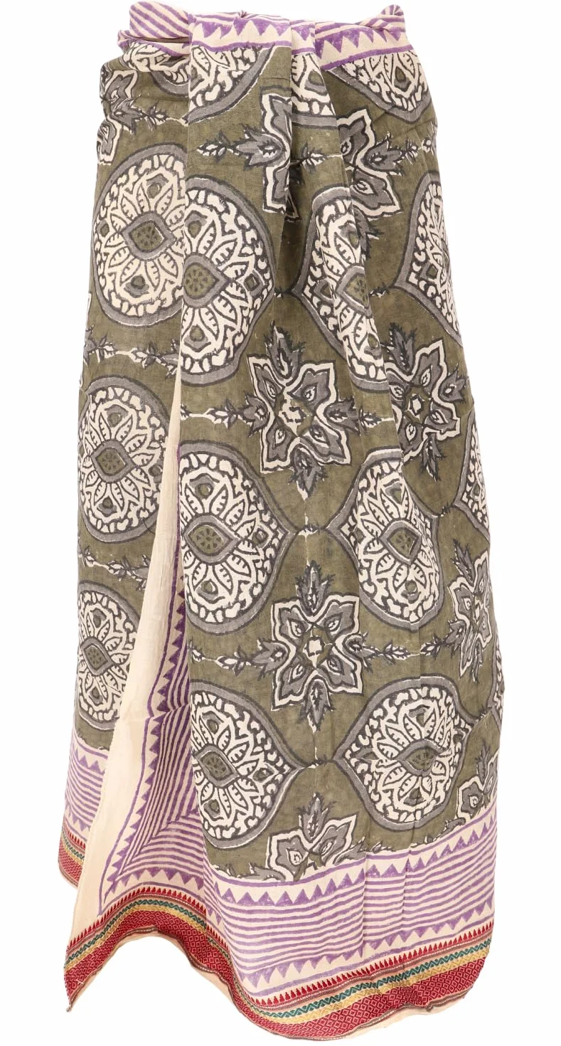 Pareo bufanda ligera de algodón estampada a mano 190x120 cm verde oliva rosa