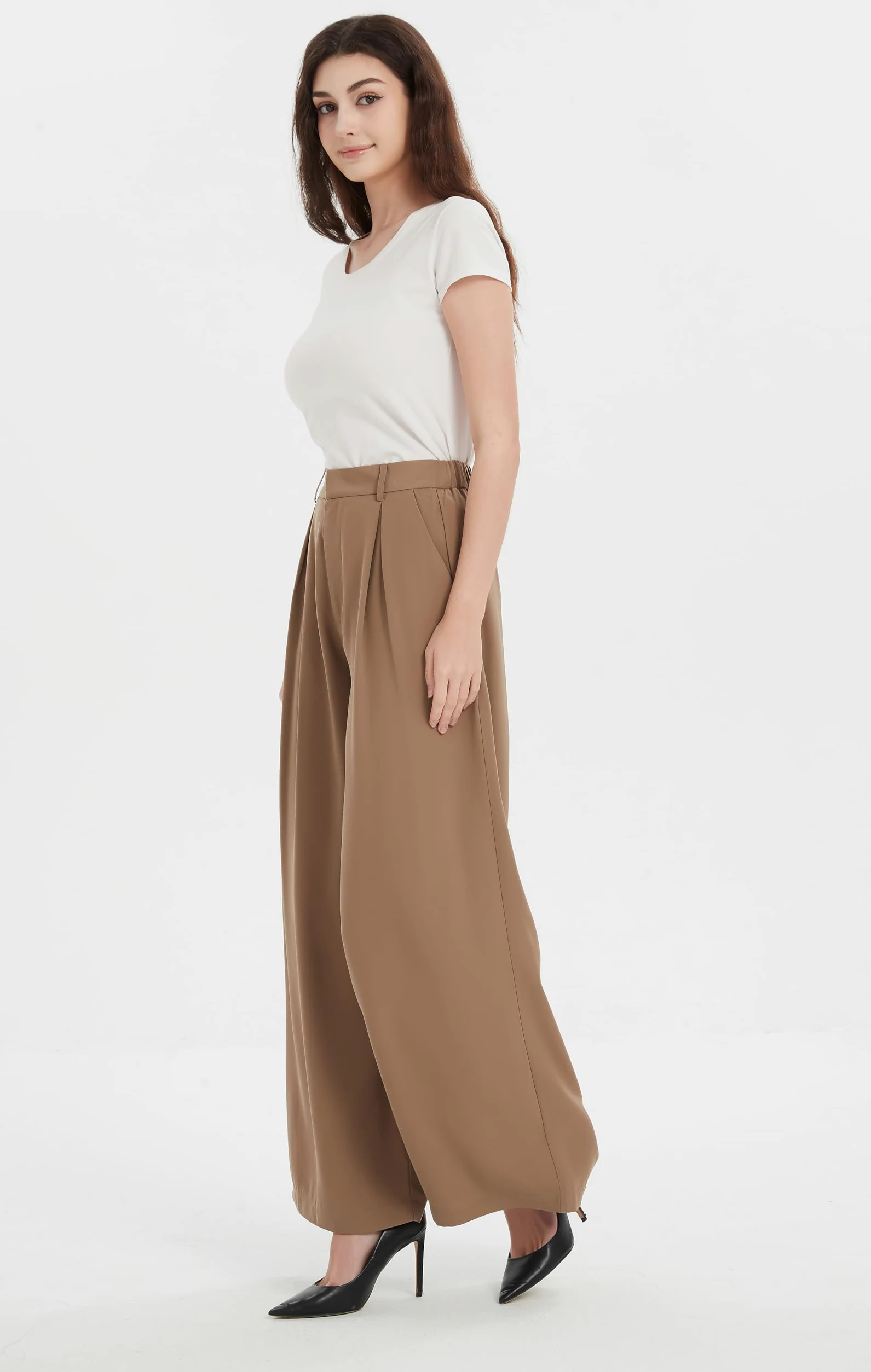 Tronjori Mujeres Pantalones Cintura Alta Casual Pierna Ancha Plisados Delanteros Pantalones con Bolsillos Laterales para Ocio Trabajo Oficina