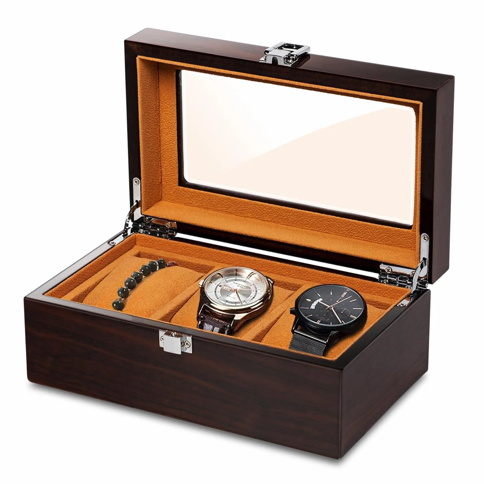 Caja de Relojes de Madera con 3 Compartimentos, Tapa de Cristal, Cierre Metálico, Almohadas Extraíbles, Marrón Rojo
