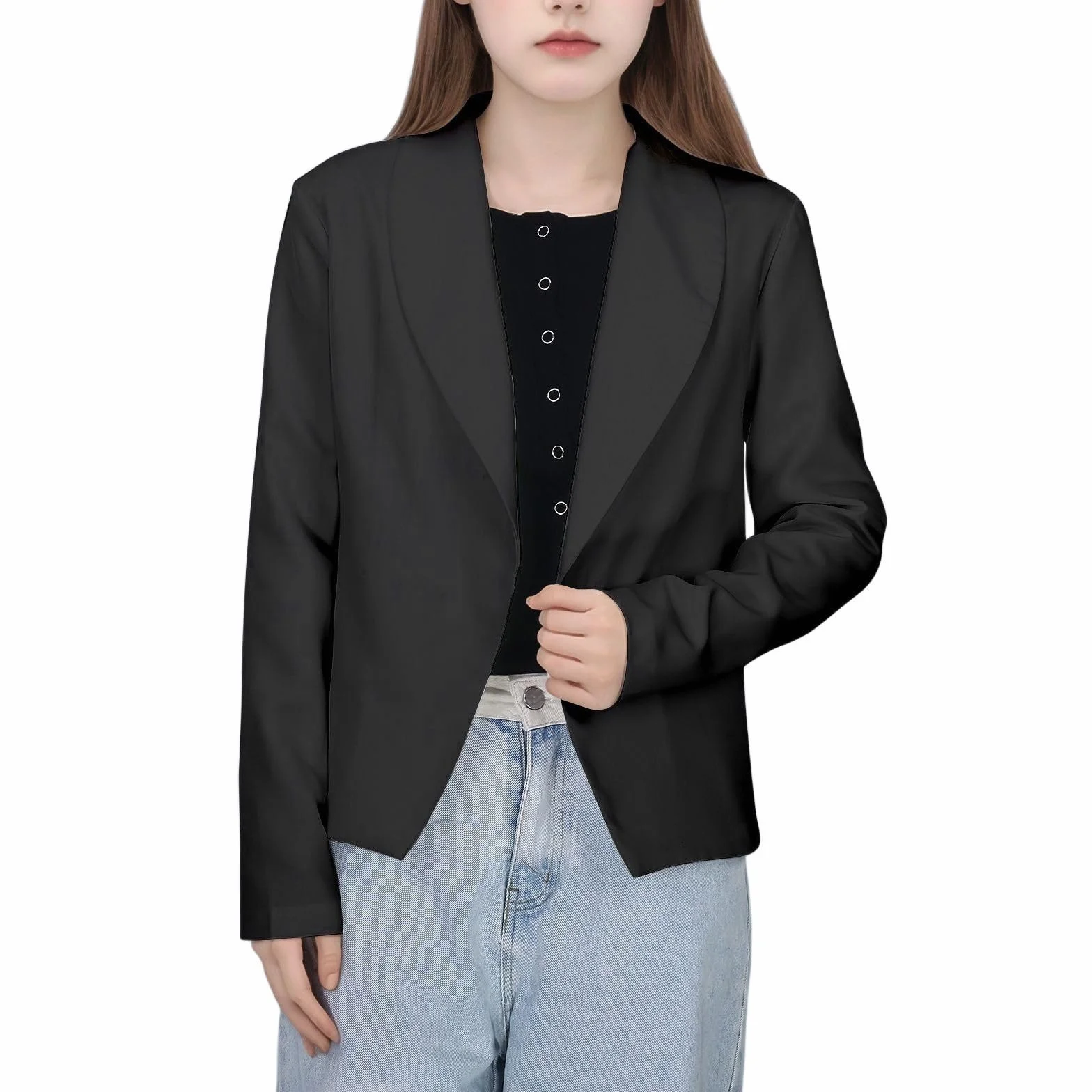 Chaqueta Formal Niña Liso Solapa Traje Frente Abierto Top Manga Larga Talla 5-14 Años