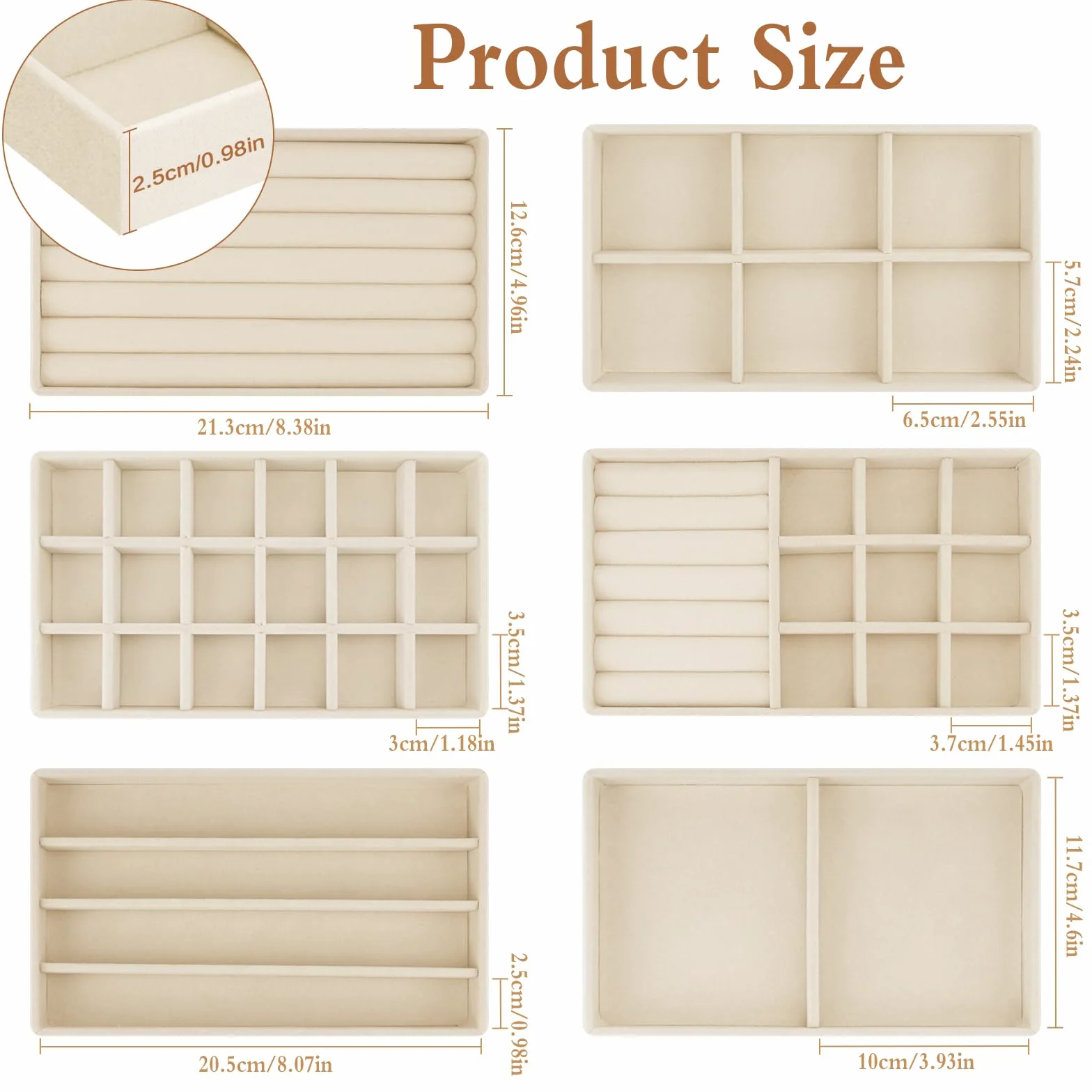 SUKARNE 6 bandejas para joyas, terciopelo para cajones, organizador de joyas apilable, cajón de almacenamiento para pendientes, anillos, pulseras, broches, collares (beige)