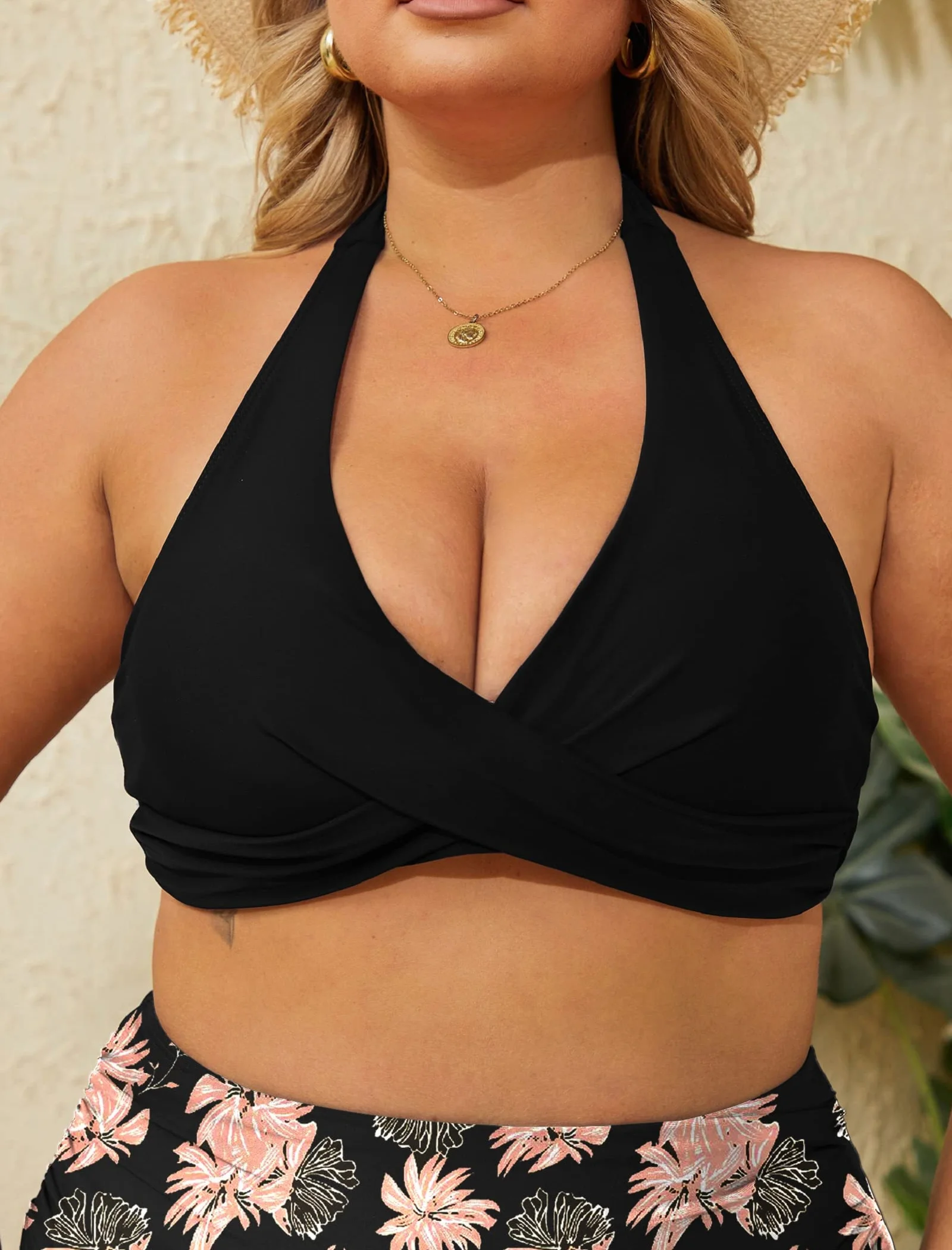 Mujer Bikini Dos Piezas Cintura Alta Fruncido Traje de Baño Cuello en V Control de Vientre Tallas Grandes