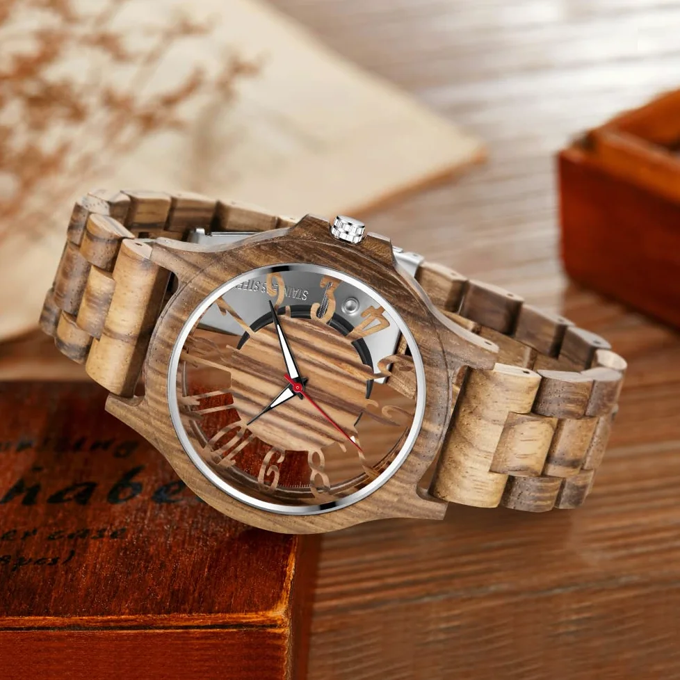 Relojes de madera para hombre, ébano, cebra, madera, cuarzo, cierre plegable, correa de madera, relojes de madera para hombre