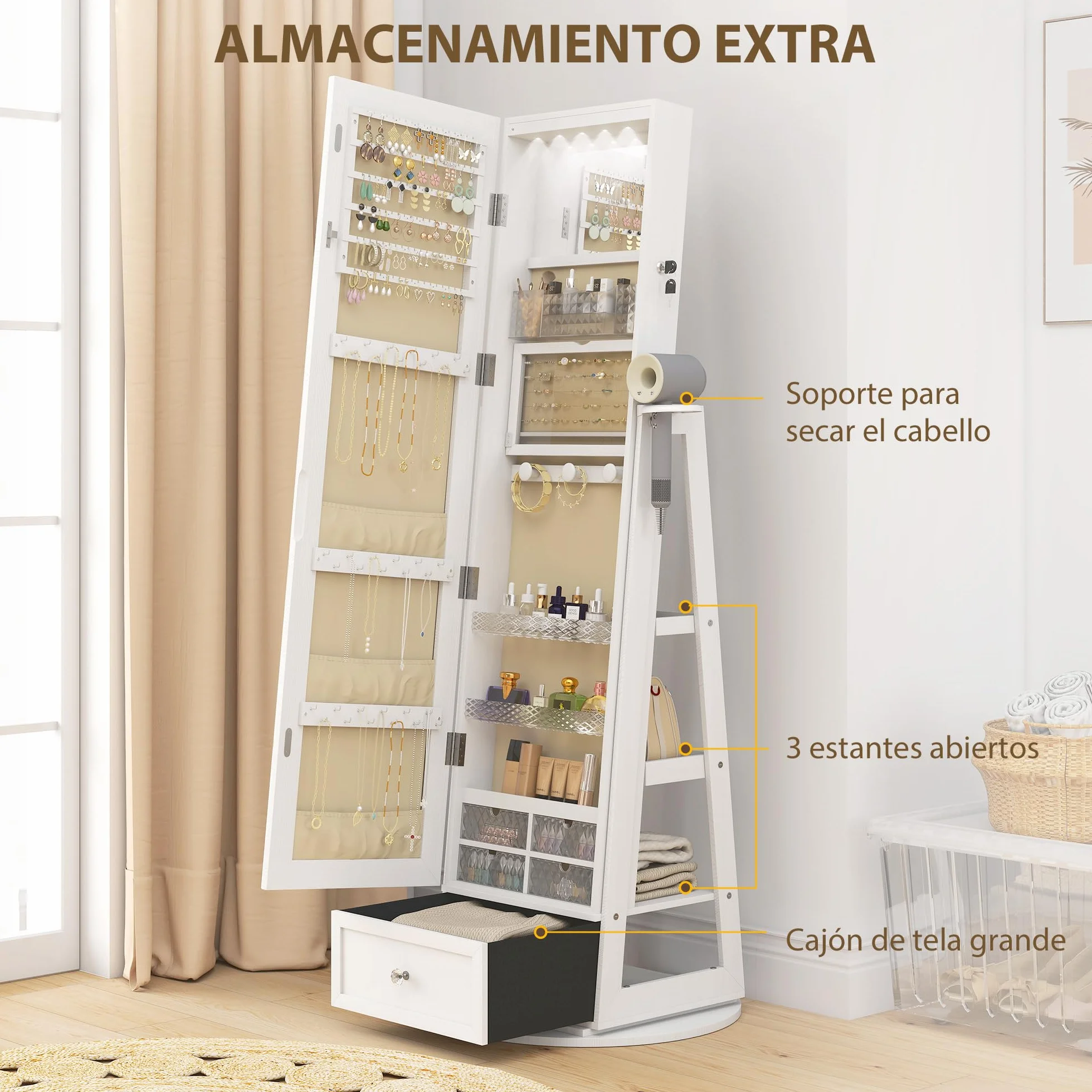 HOMCOM Armario Joyero de Pie con Luces LED, Espejo Cuero Entero, Soporte para Secador, Giratorio 360°, Cajón, Cerradura, Blanco y Beige