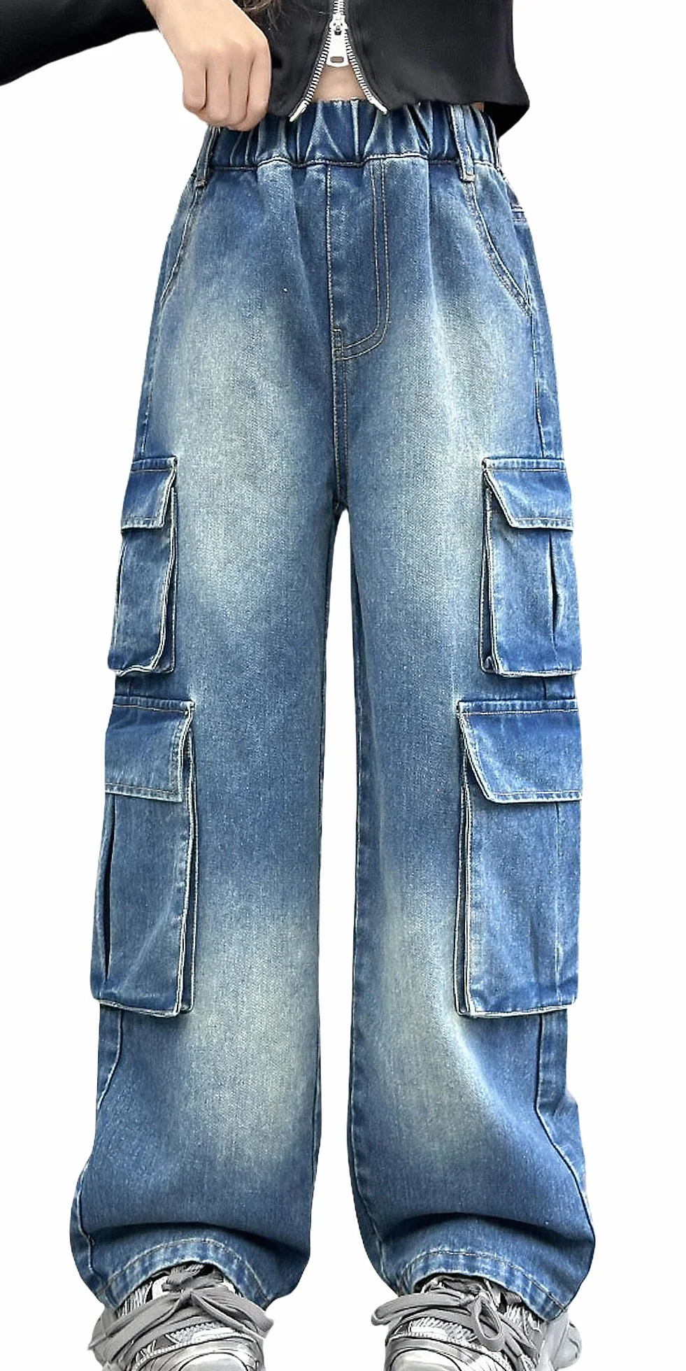 SEAUR Girls Baggy Denim Cargo Jogging Pants with Pockets