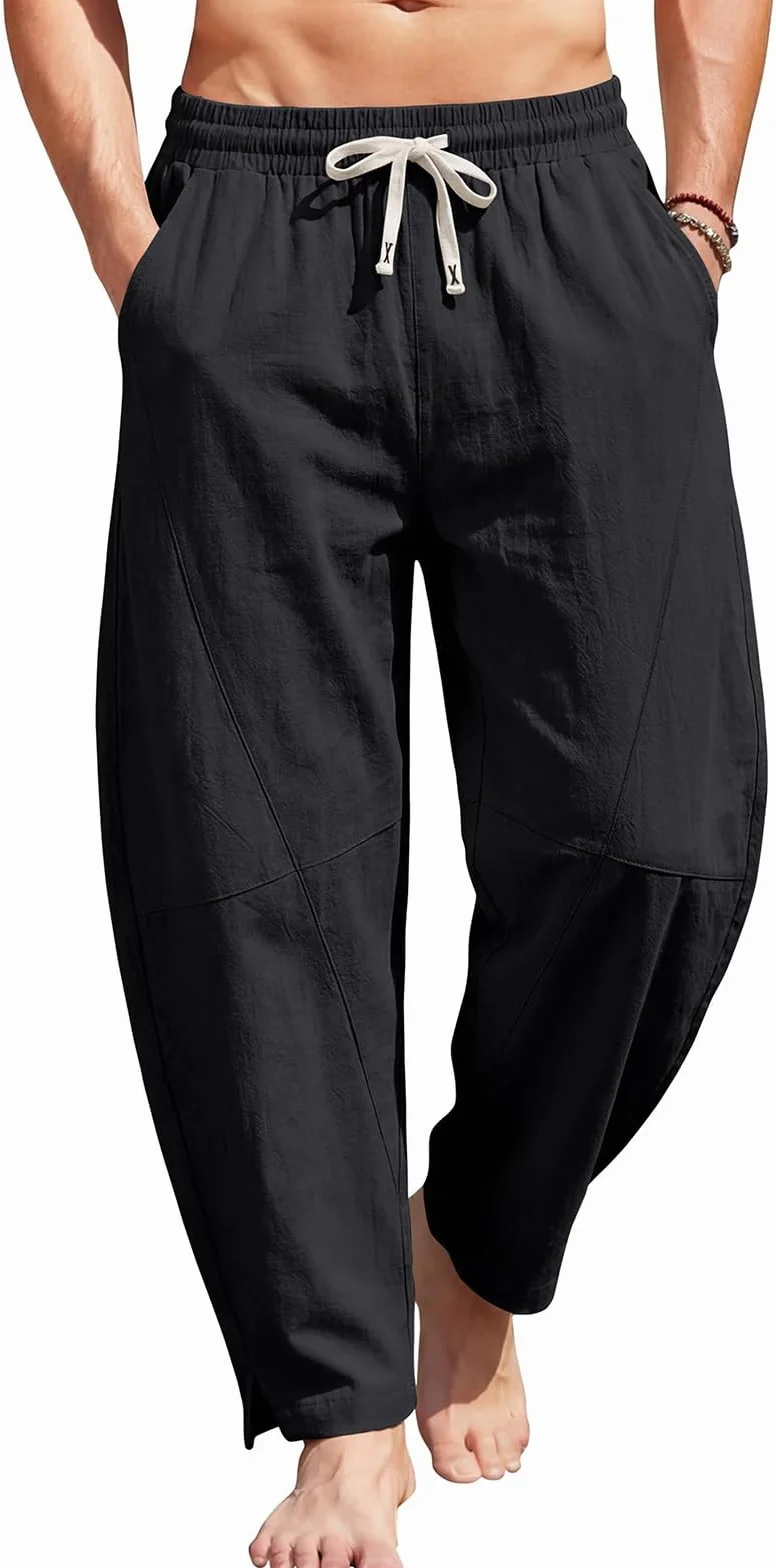 Pantalón de Lino y Algodón para Hombre Harén Curvo Bolsillos Baggy Casual Tiro Bajo Streetwear Verano