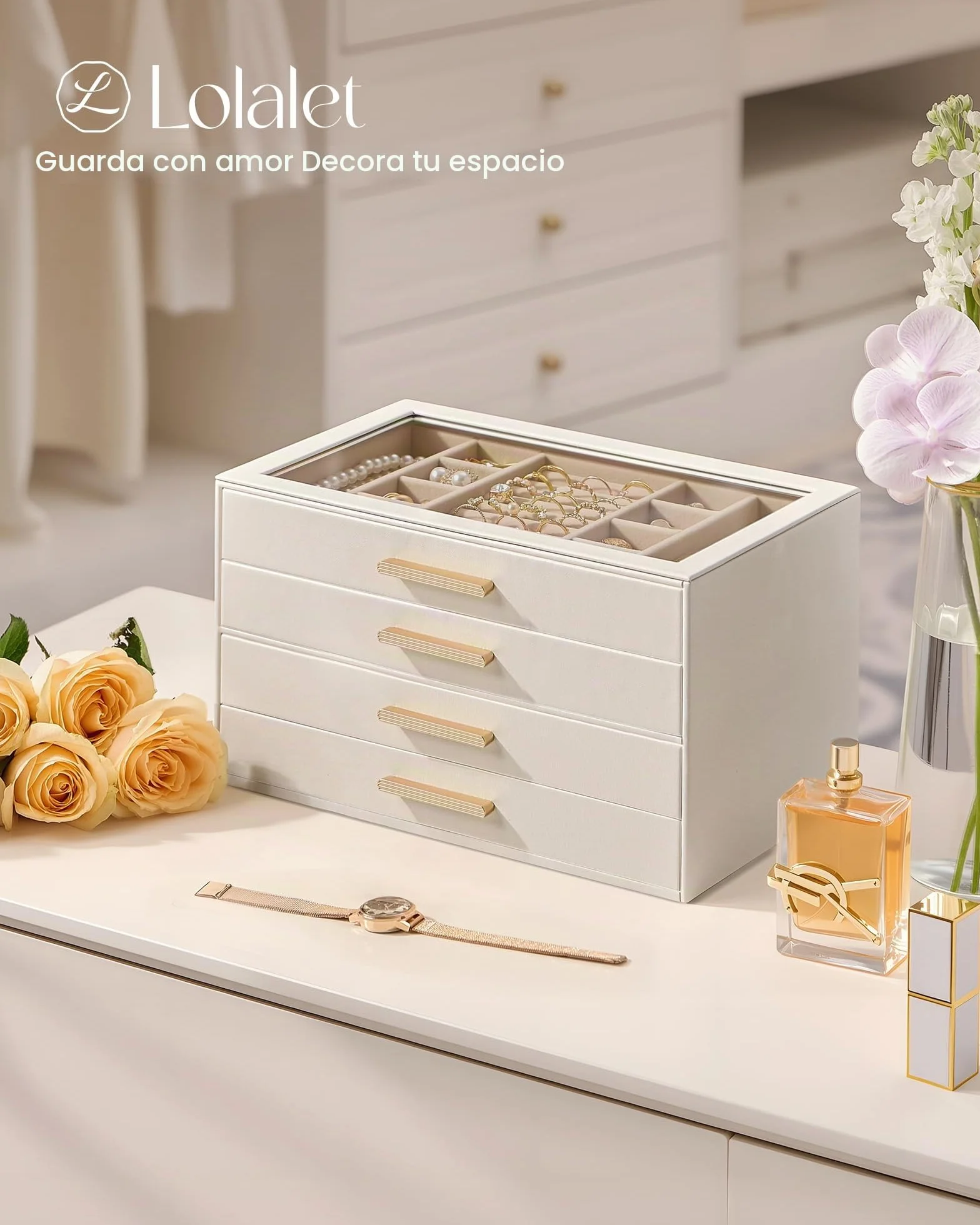 Caja Organizadora de Joyas 4 Niveles con Tapa de Vidrio, Joyero para Anillos Pendientes Pulseras Collares, Estuche Almacenamiento Mujer, Beige