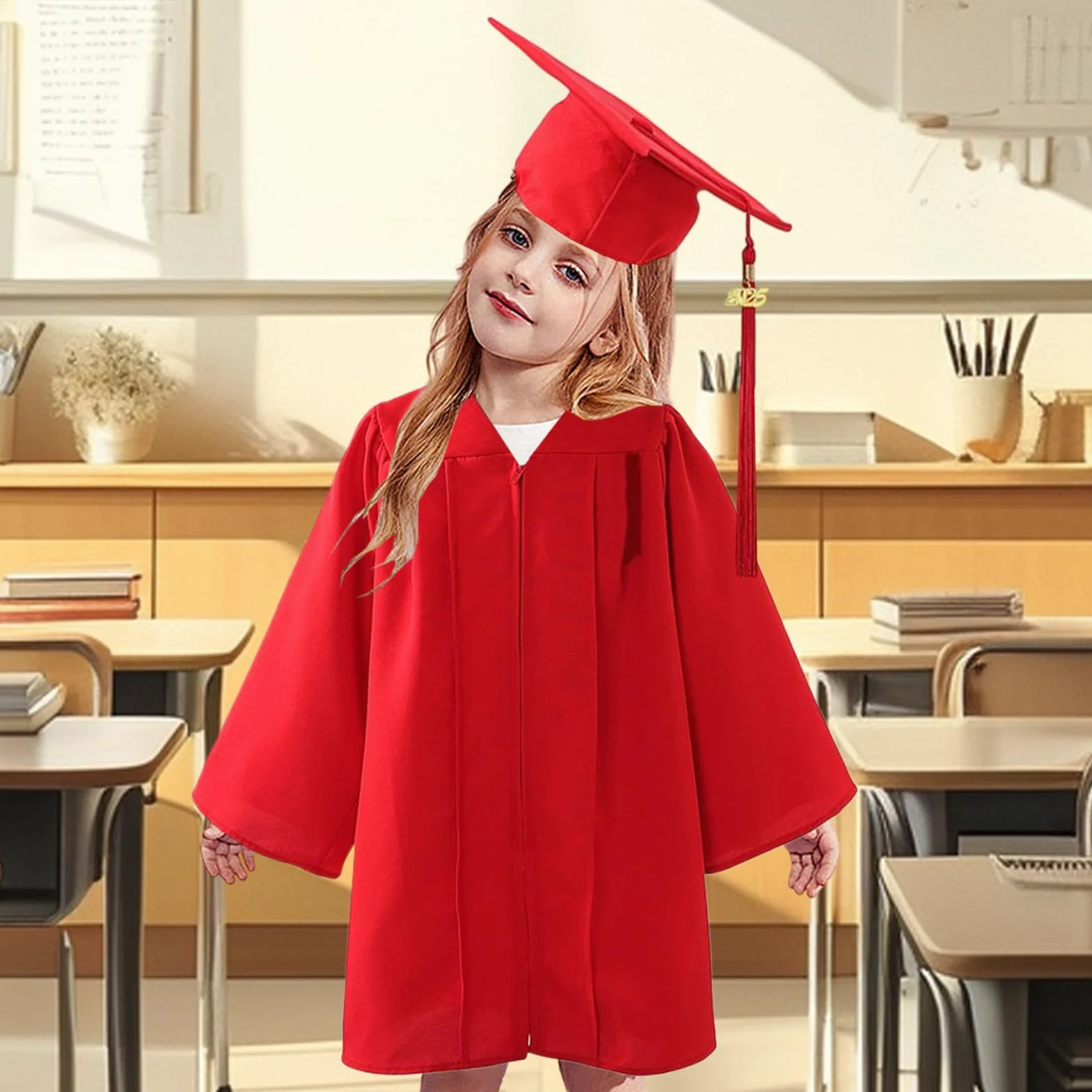 Conjunto de Toga y Birrete de Graduación 2025 para Estudiantes de Primaria con Cremallera