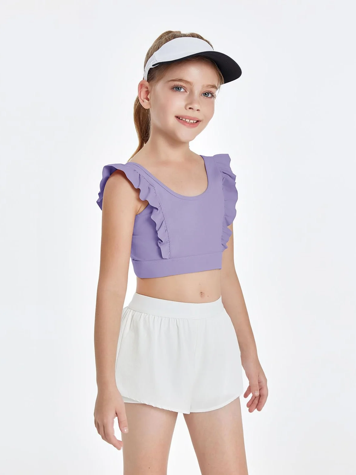 Crop Top Sujetador Deportivo Volantes sin Mangas sin Vientre Yoga Ballet Camisetas Tanque Tops Violáceo 140