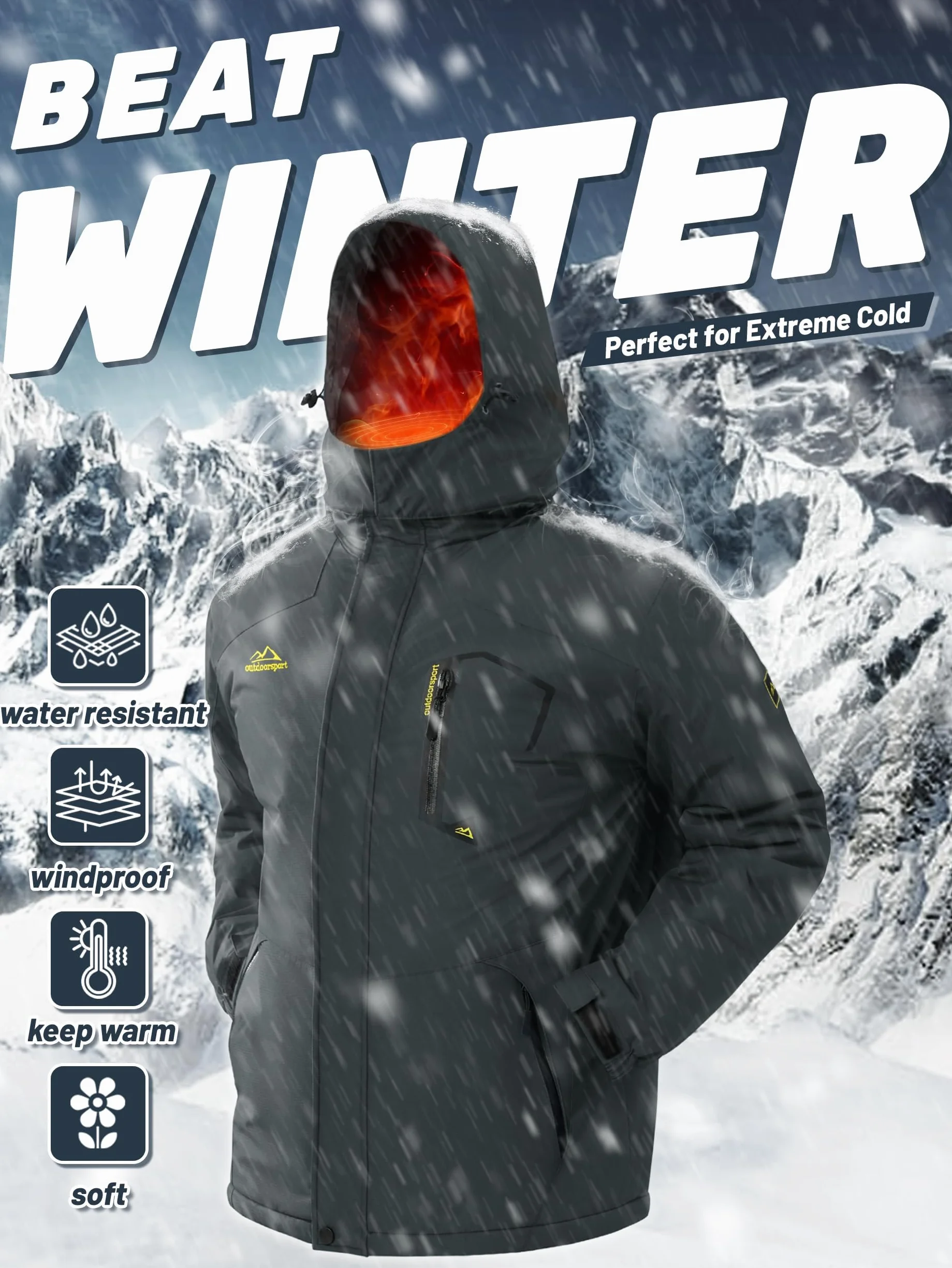 TACVASEN Impermeable Chaqueta de montaña vellón Hombres Esquí Caliente Multi-Bolsillos